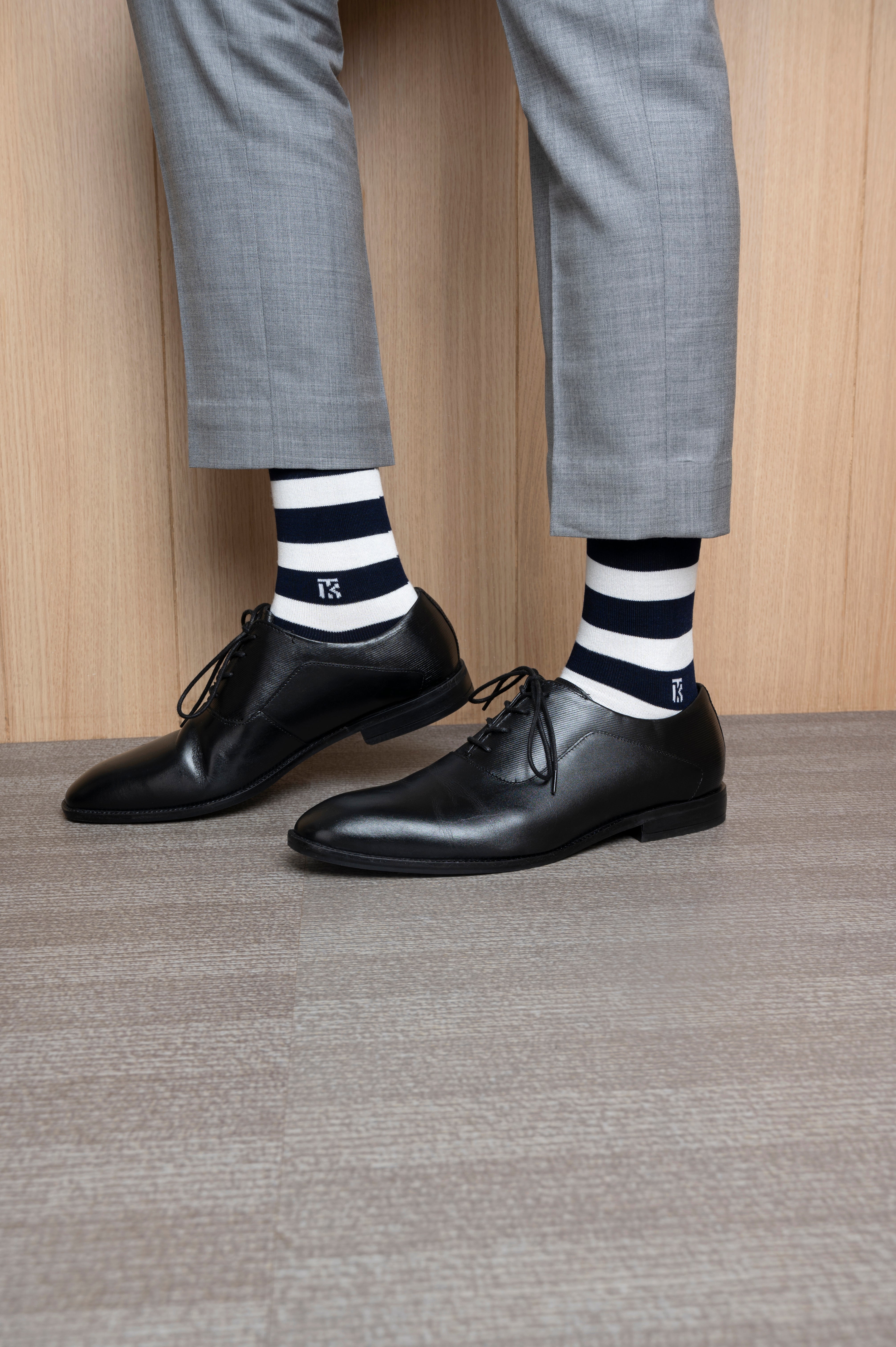 Bamboo Socks Pair | Kikitoes Crew Length Socks | Navy Blue Colour with White Stripes Sports Socks for Men