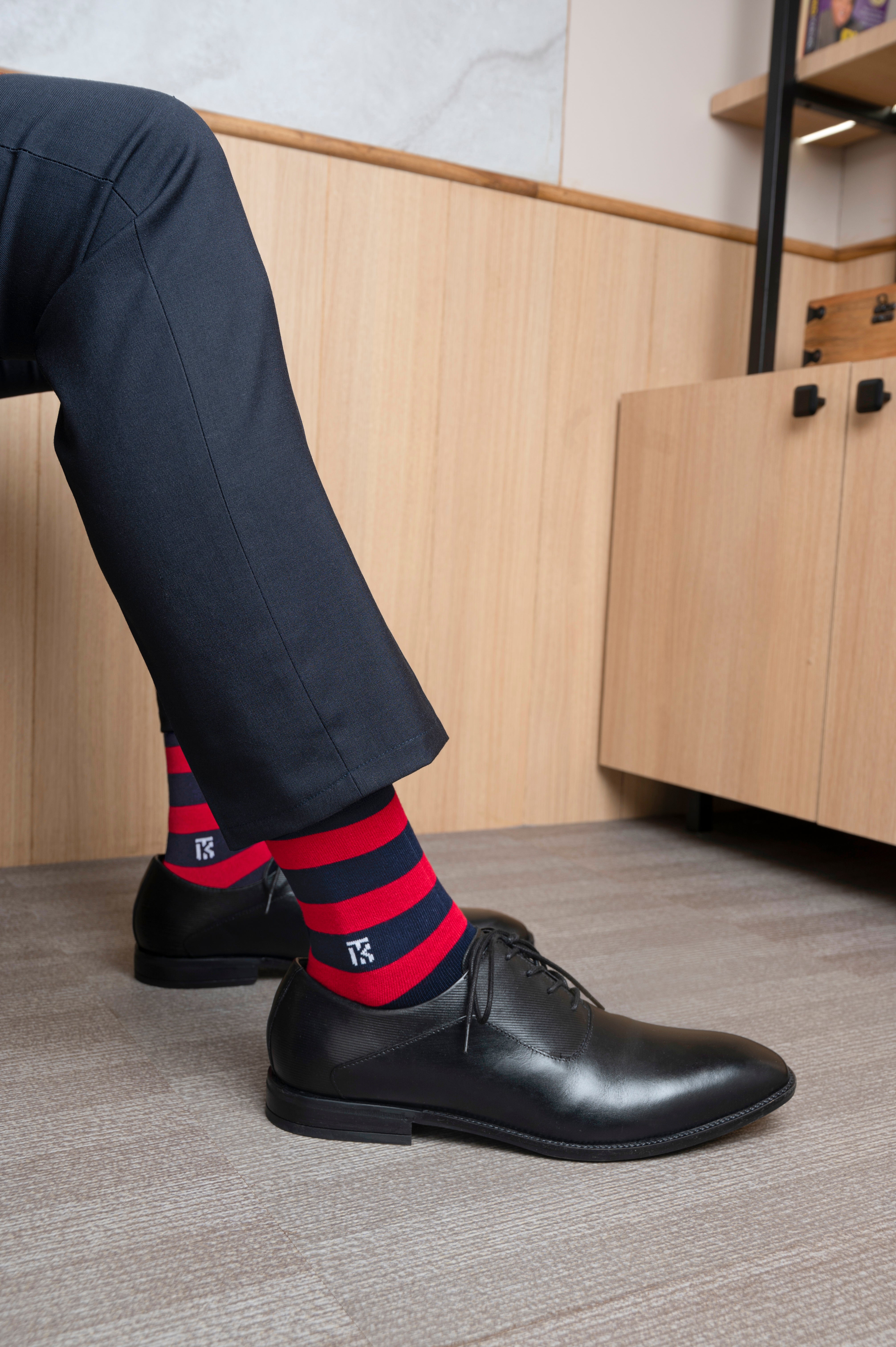 Bamboo Socks Pair | Kikitoes Crew Length Socks | Navy Blue Colour with Red Stripes Sports Socks for Men