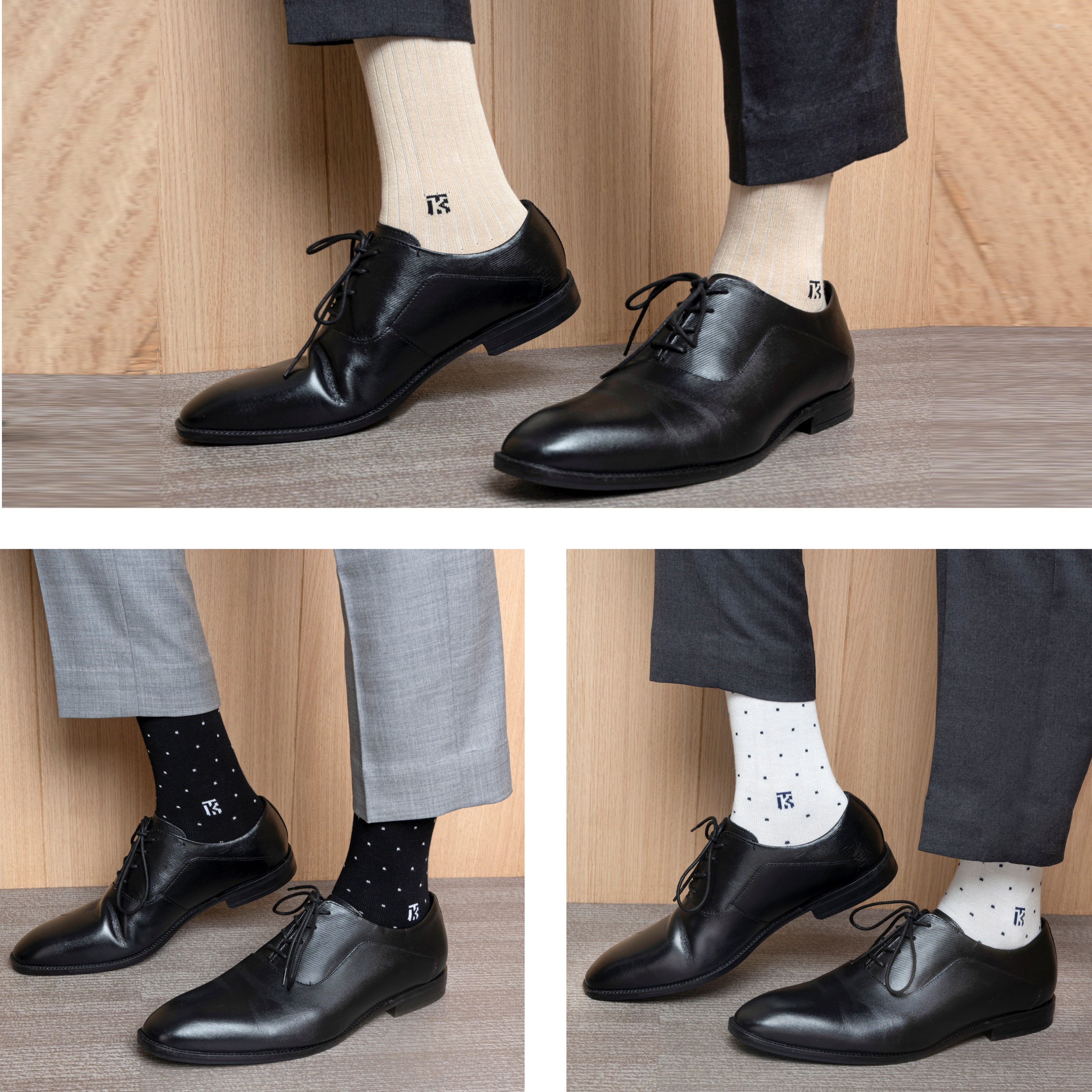 Bamboo Socks Pair | Kikitoes Crew Length Socks | Solid Beige / White+ Navy Dot / Black With White Dot Colours | Socks for Men | KIKI012C