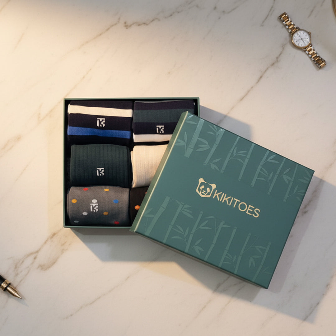 Kikitoes Luxe Signature Box – Sportify Collection featuring a combo socks set of six crew length socks in Dark Green, Beige, Navy Blue–White–Royal Blue Stripes, Grey with Multi-Color Polka Dots, and Classic White tones – premium bamboo crew socks for men.