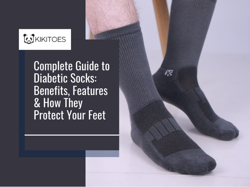 Man wearing grey bamboo diabetic socks designed for comfort, circulation support, and foot protection.
