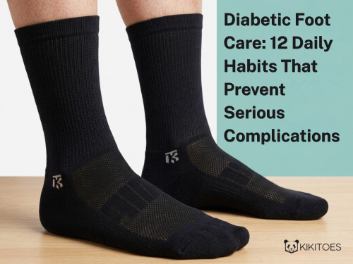 Diabetic foot care banner showing bamboo diabetic socks and 12 daily habits to prevent foot complications