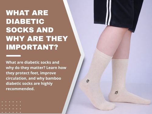 Person wearing beige diabetic socks with text explaining what diabetic socks are, their importance for foot protection, improved circulation, and benefits of bamboo diabetic socks.