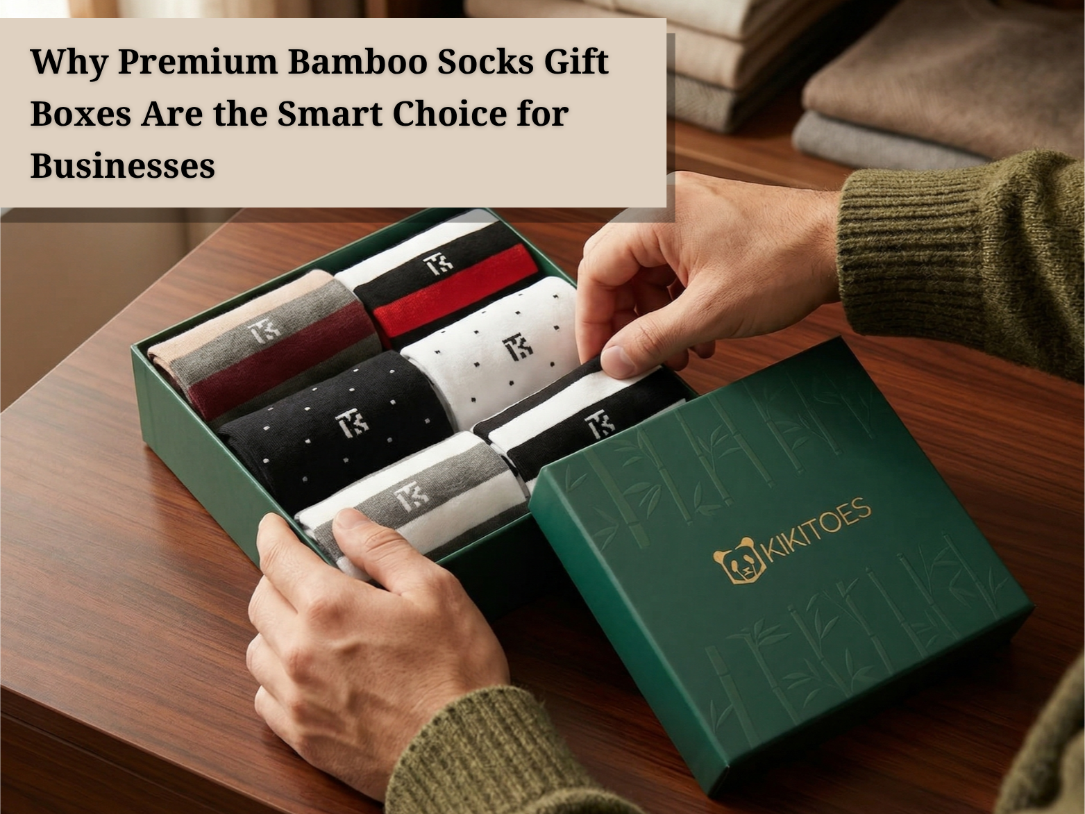 Premium Kikitoes bamboo socks gift box with stylish crew socks on a wooden table, showcasing luxury corporate gifting for Indian businesses.