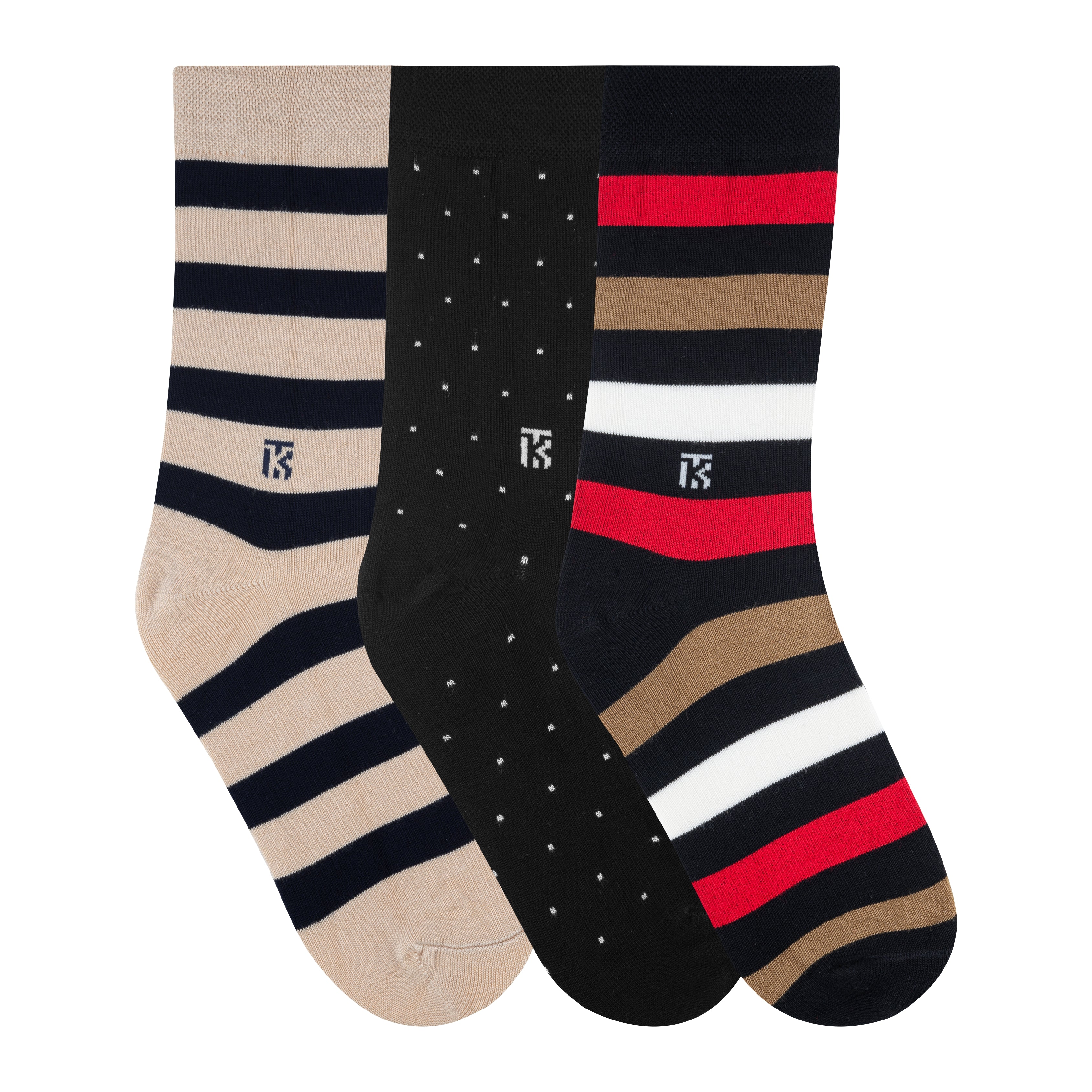 Bamboo Socks Pair | Kikitoes Crew Length Socks | Beige+Black / Black+White Dot / Black+Red+Beige+White Colours | Socks for Men | KIKI011C