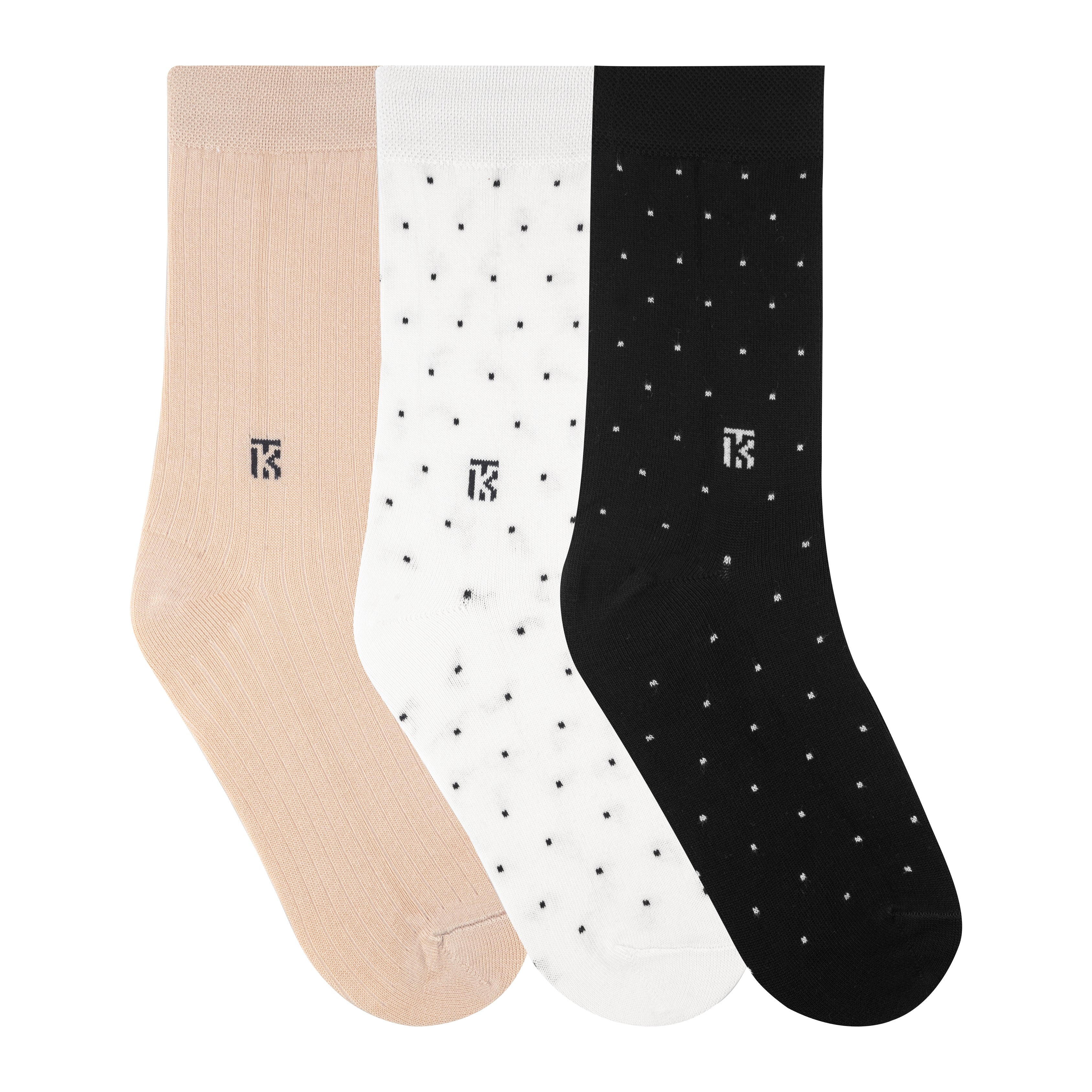 Bamboo Socks Pair | Kikitoes Crew Length Socks | Solid Beige / White+ Navy Dot / Black With White Dot Colours | Socks for Men | KIKI012C