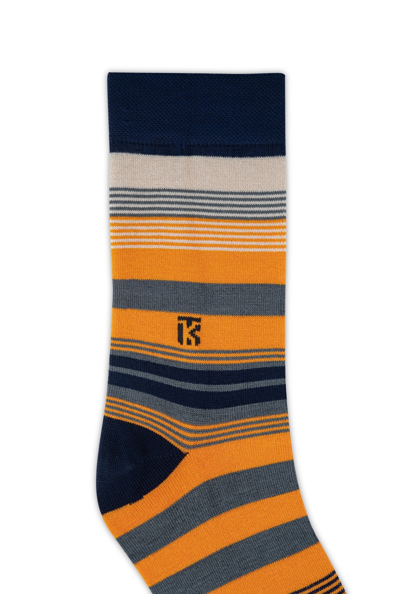 KIKITOES BAMBOO MEN CREW SOCKS | Fusion Stripe | Navy Blue with Beige, Grey, and OrangeKikitoes