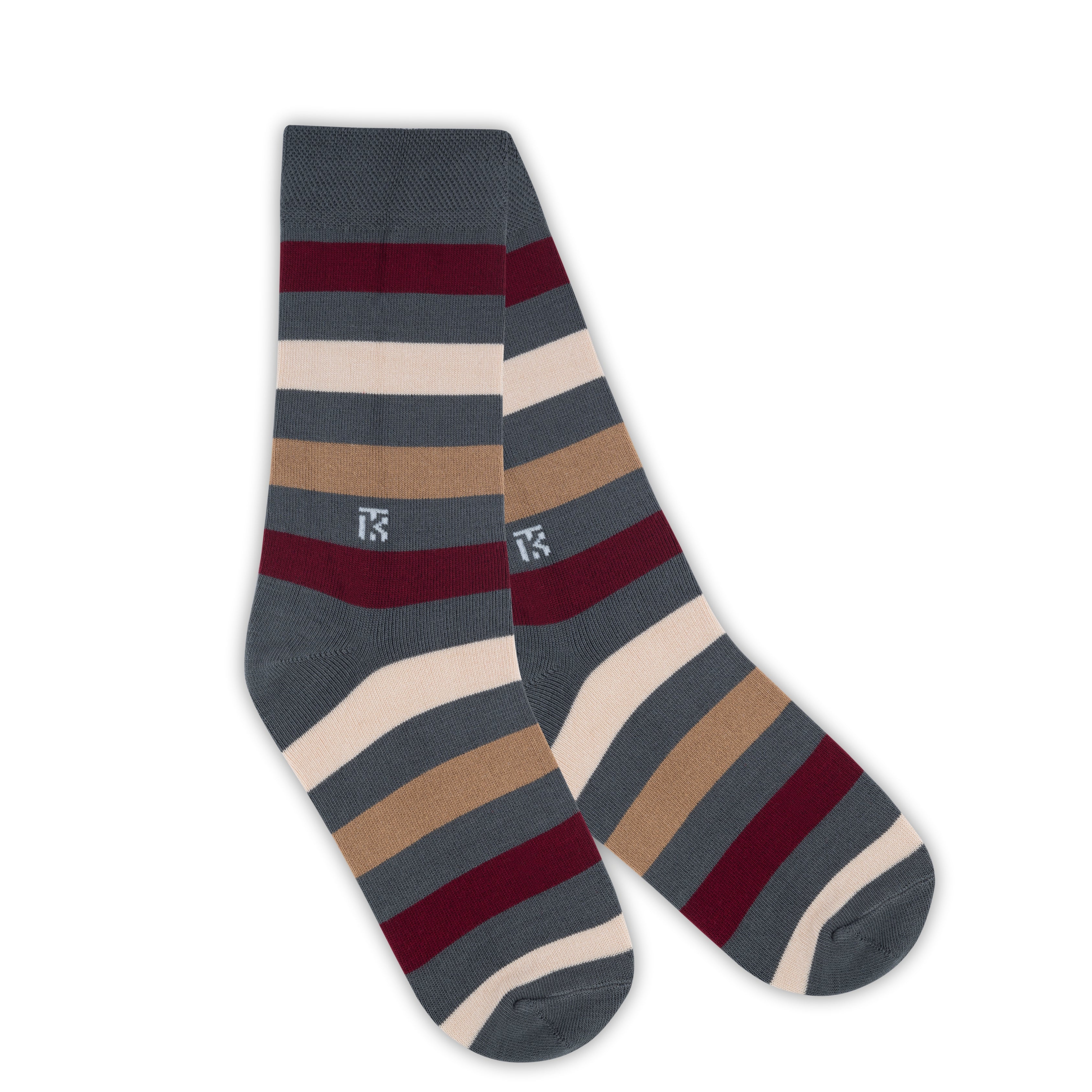 Bamboo Socks Pair  | Kikitoes Crew Length Socks | Steel Grey Colour with Marron, Beige & Brown Stripes  Socks for Men | KIKI0017