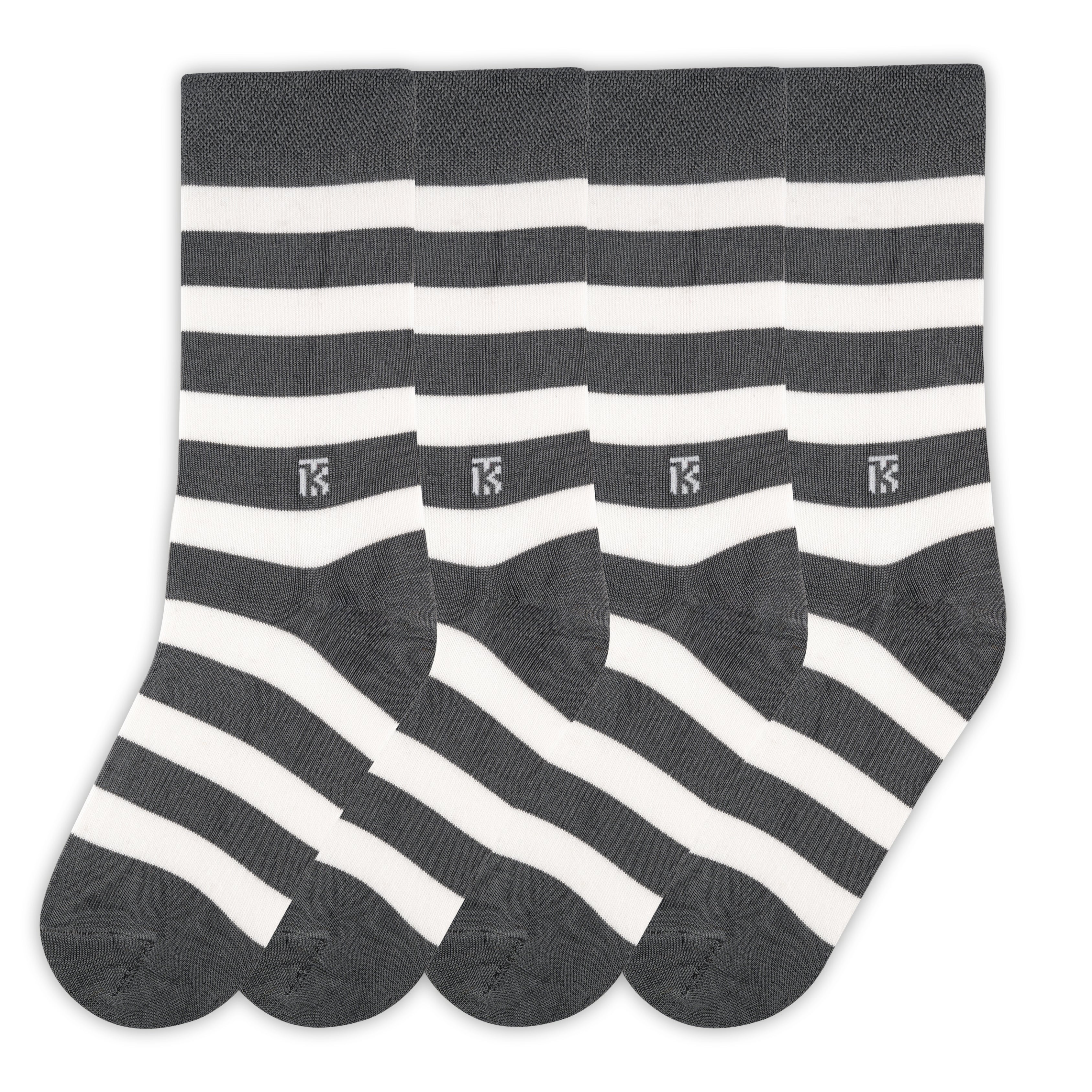 Bamboo Socks Pair| Kikitoes Crew Length Socks | Steel Grey Colour with White Stripes Socks for Men | KIKI002
