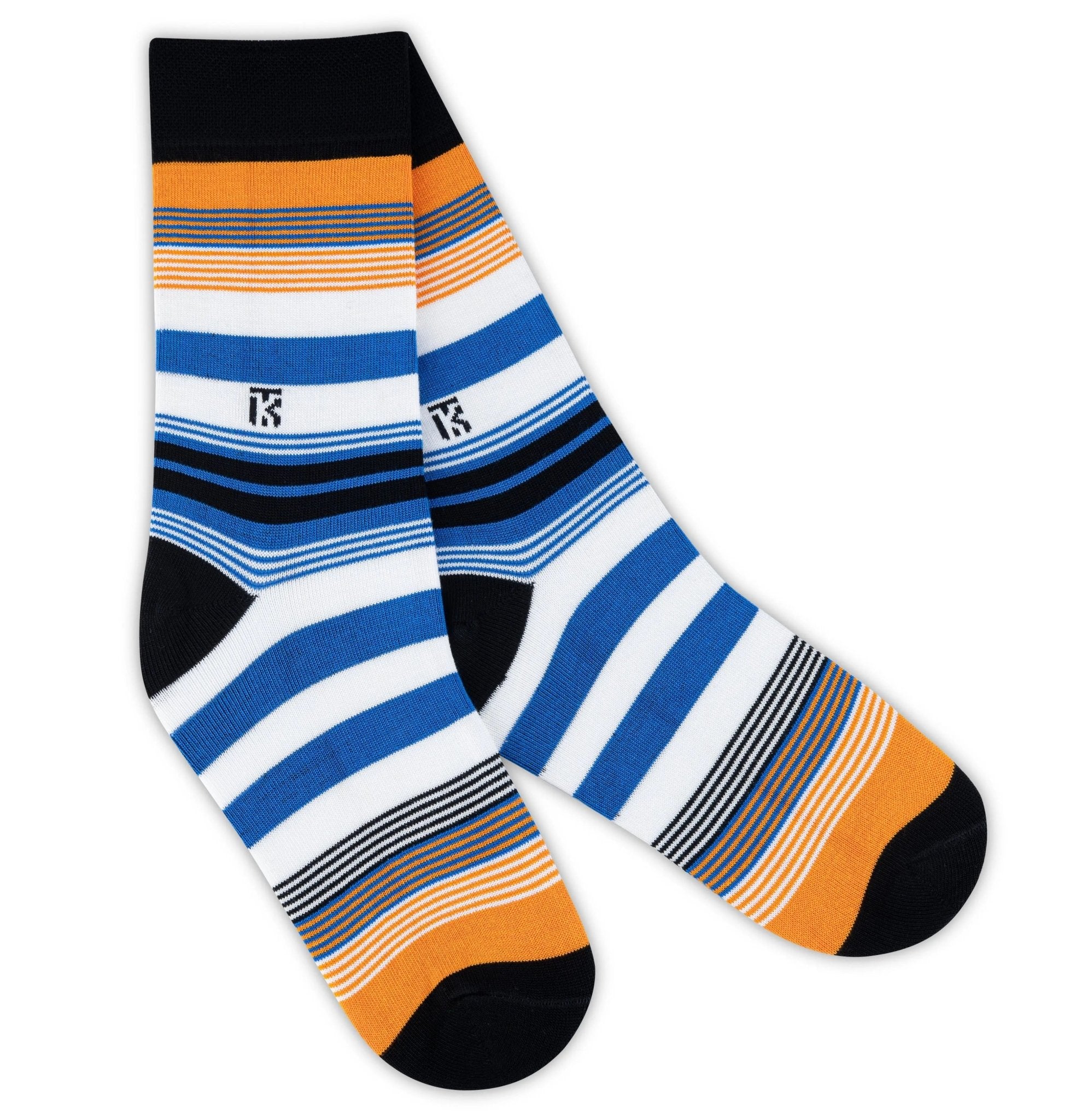KIKITOES BAMBOO MEN CREW SOCKS | Fusion Stripe | Black with Orange, Royal Blue, and WhiteKikitoes