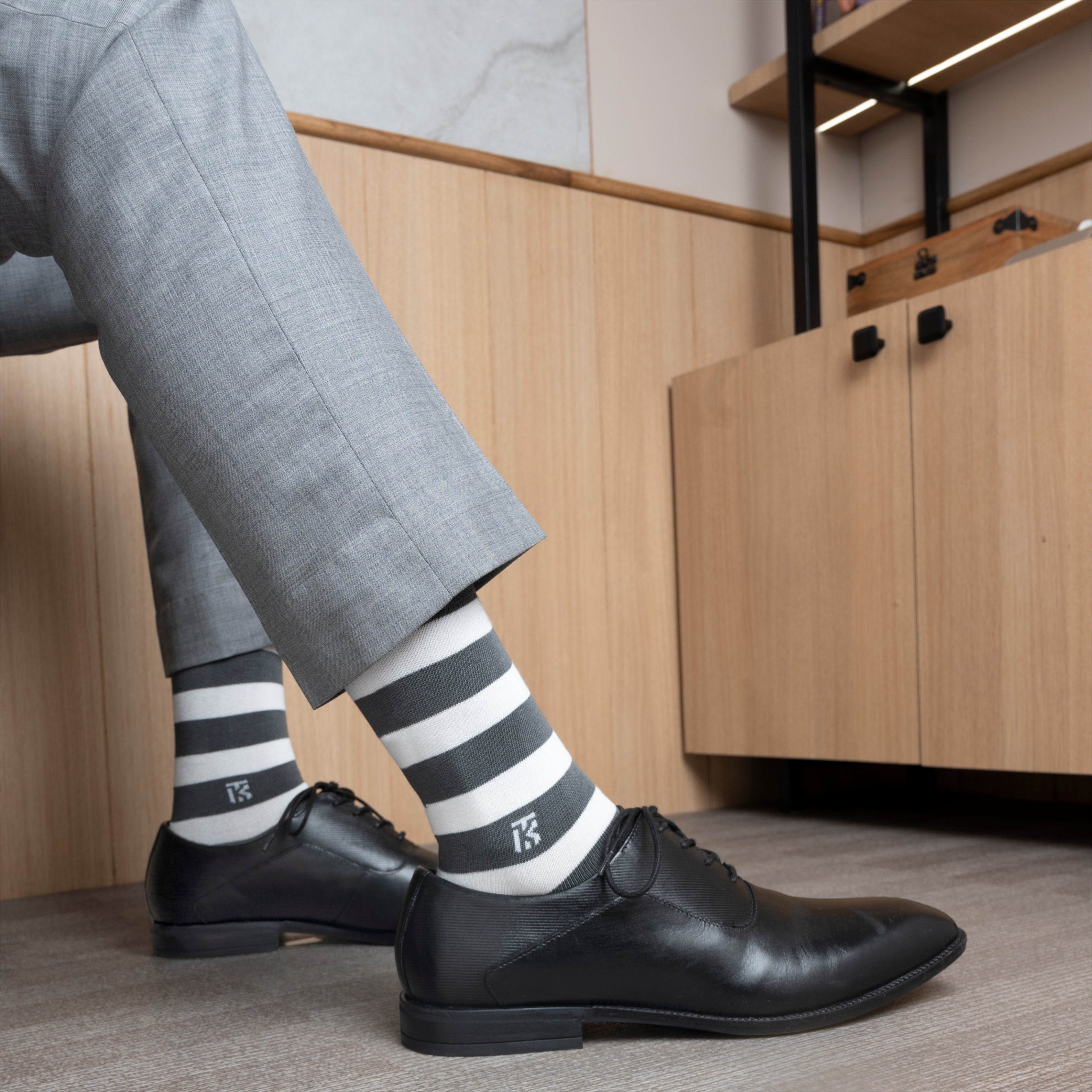Bamboo Socks Pair| Kikitoes Crew Length Socks | Steel Grey Colour with White Stripes Socks for Men | KIKI002