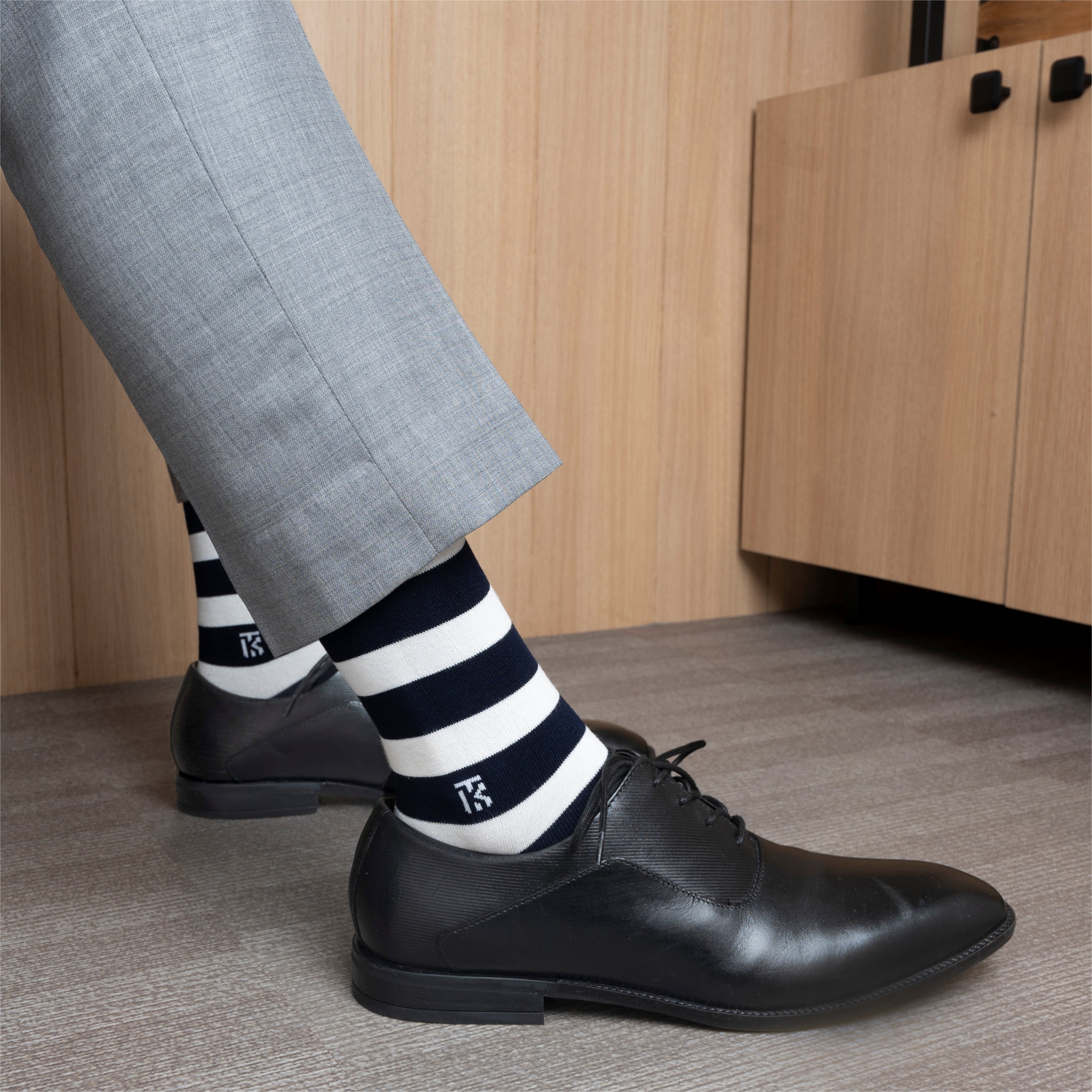 Bamboo Socks Pair  | Kikitoes Crew Length Socks | Navy Blue Colour with White Stripes  Socks for Men | KIKI003