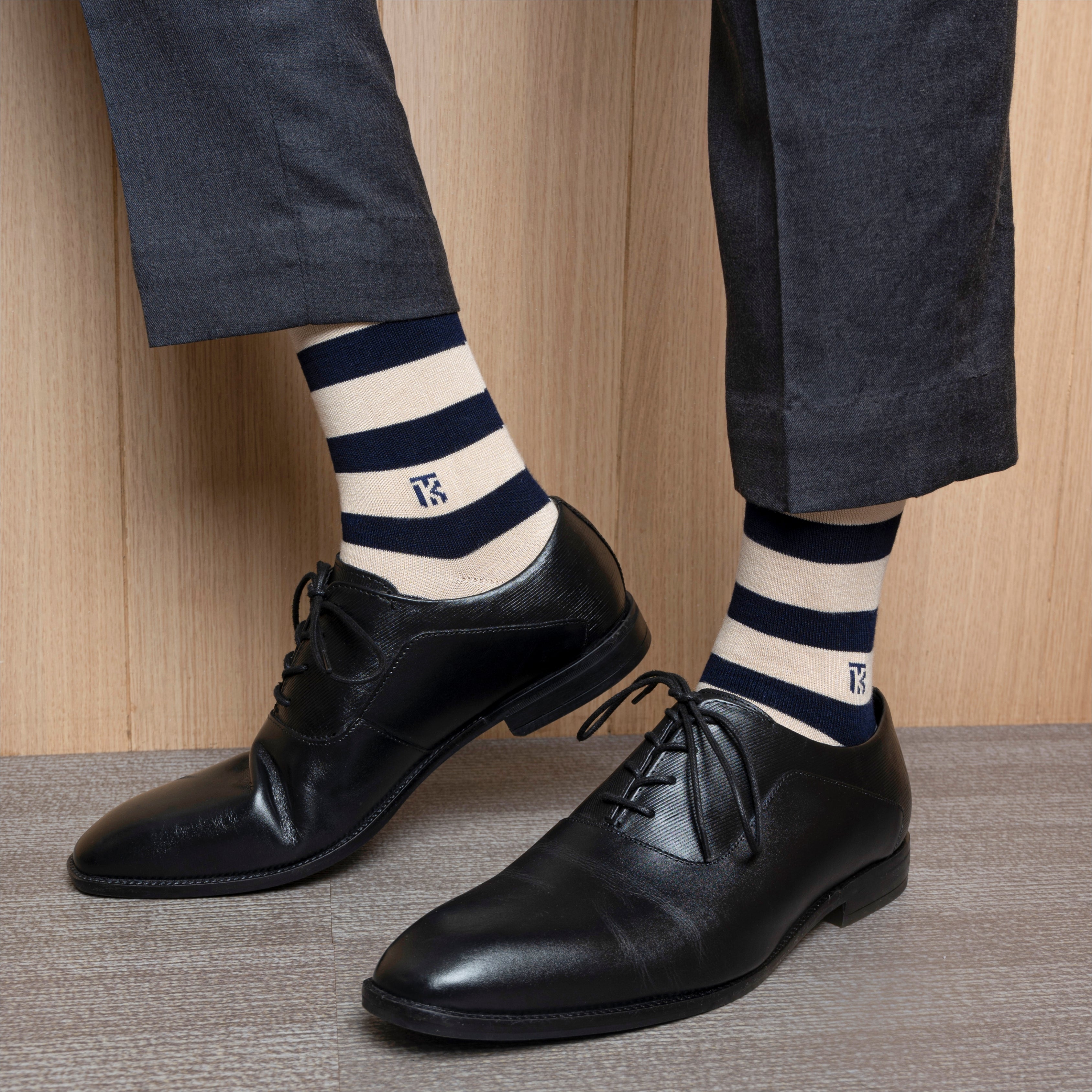 Bamboo Socks Pair | Kikitoes Crew Length Socks | Beige Colour with Navy Blue Stripes Socks for Men | KIKI0019