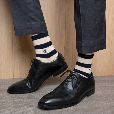 Kikitoes beige with navy blue striped bamboo crew socks