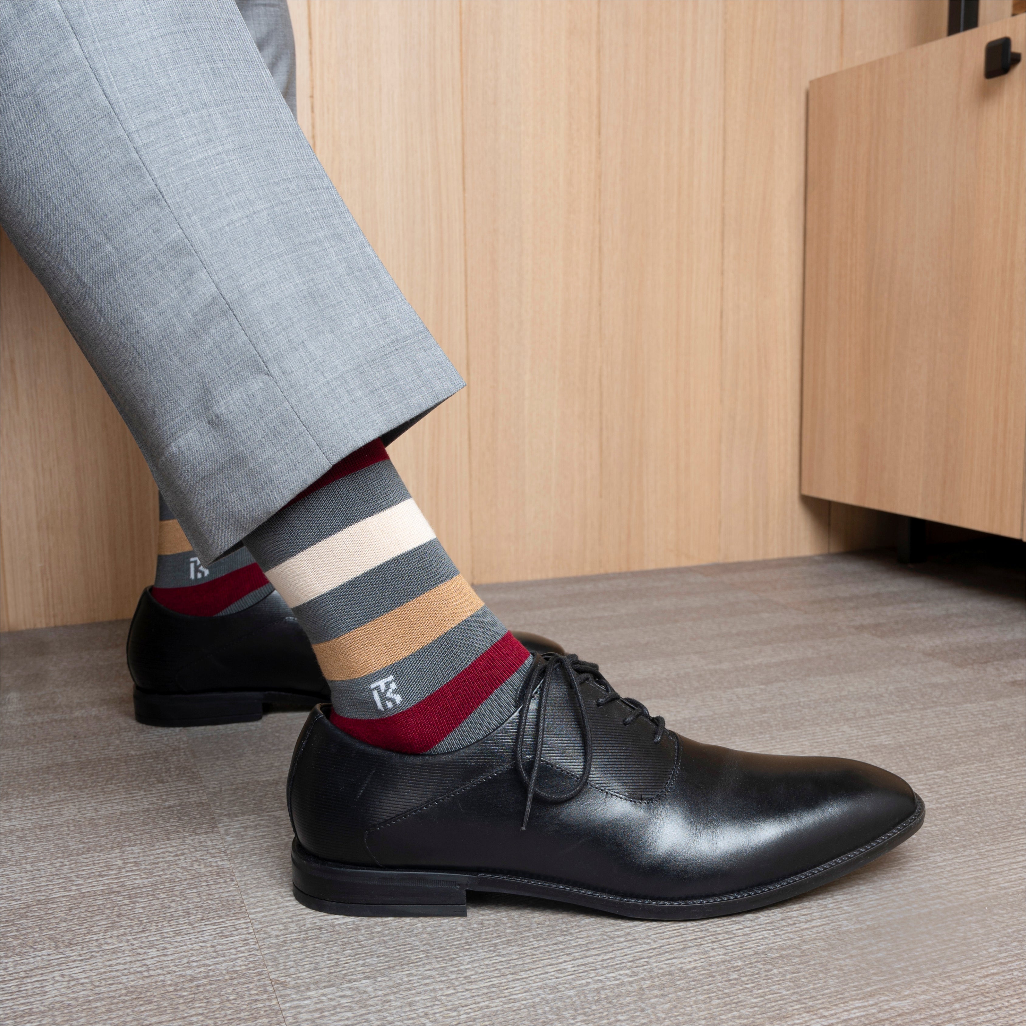Bamboo Socks Pair  | Kikitoes Crew Length Socks | Steel Grey Colour with Marron, Beige & Brown Stripes  Socks for Men | KIKI0017