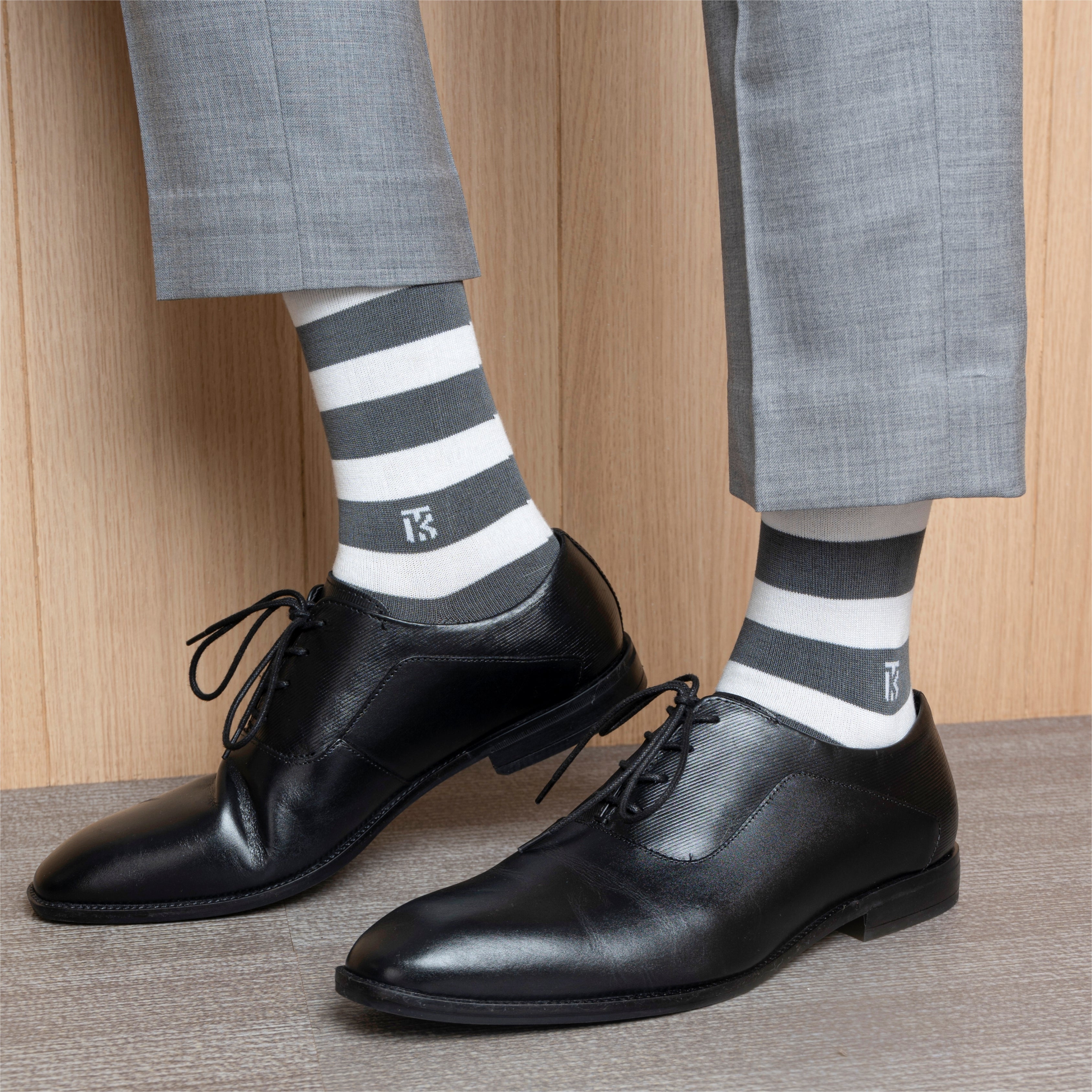 Bamboo Socks Pair| Kikitoes Crew Length Socks | Steel Grey Colour with White Stripes Socks for Men | KIKI002