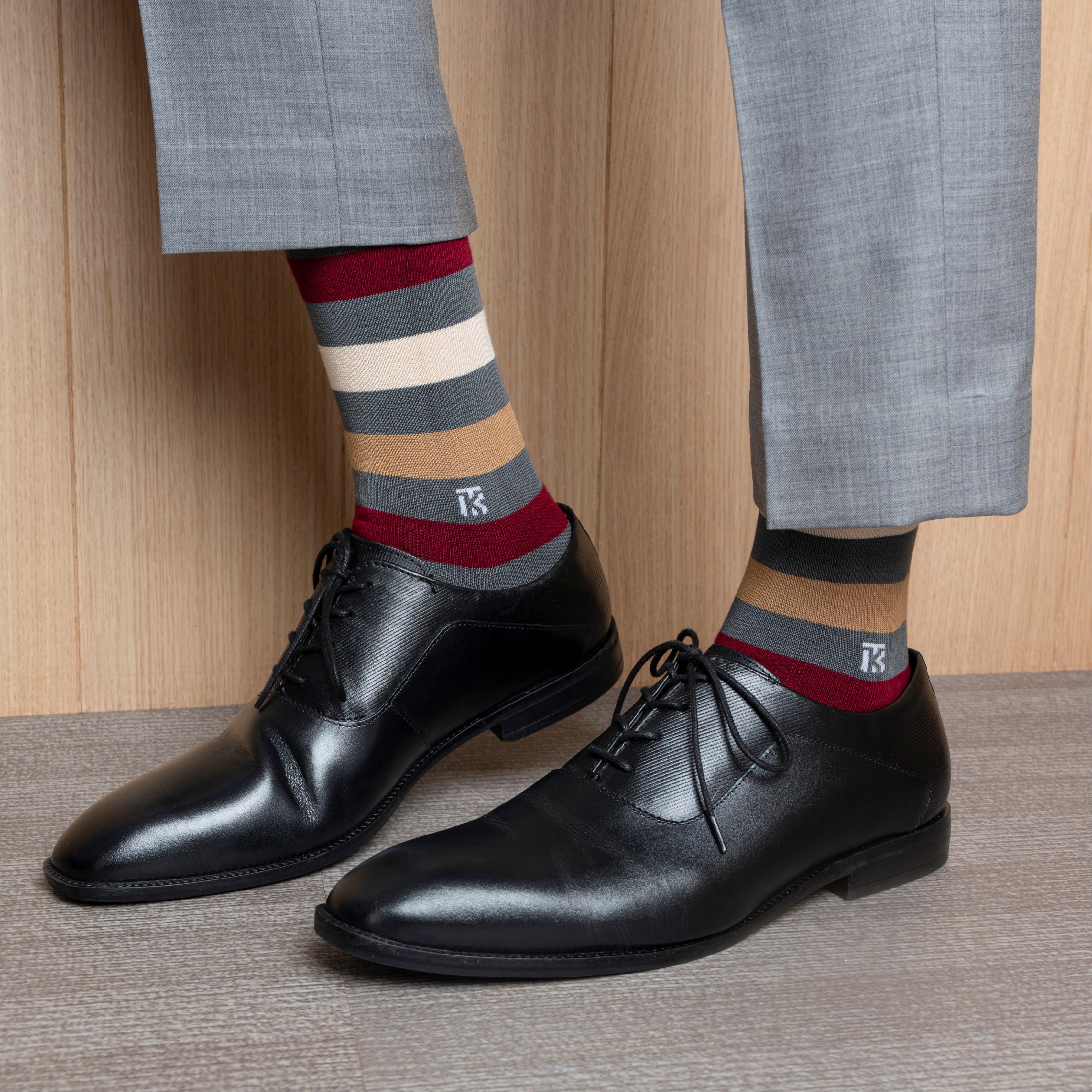 Bamboo Socks Pair  | Kikitoes Crew Length Socks | Steel Grey Colour with Marron, Beige & Brown Stripes  Socks for Men | KIKI0017