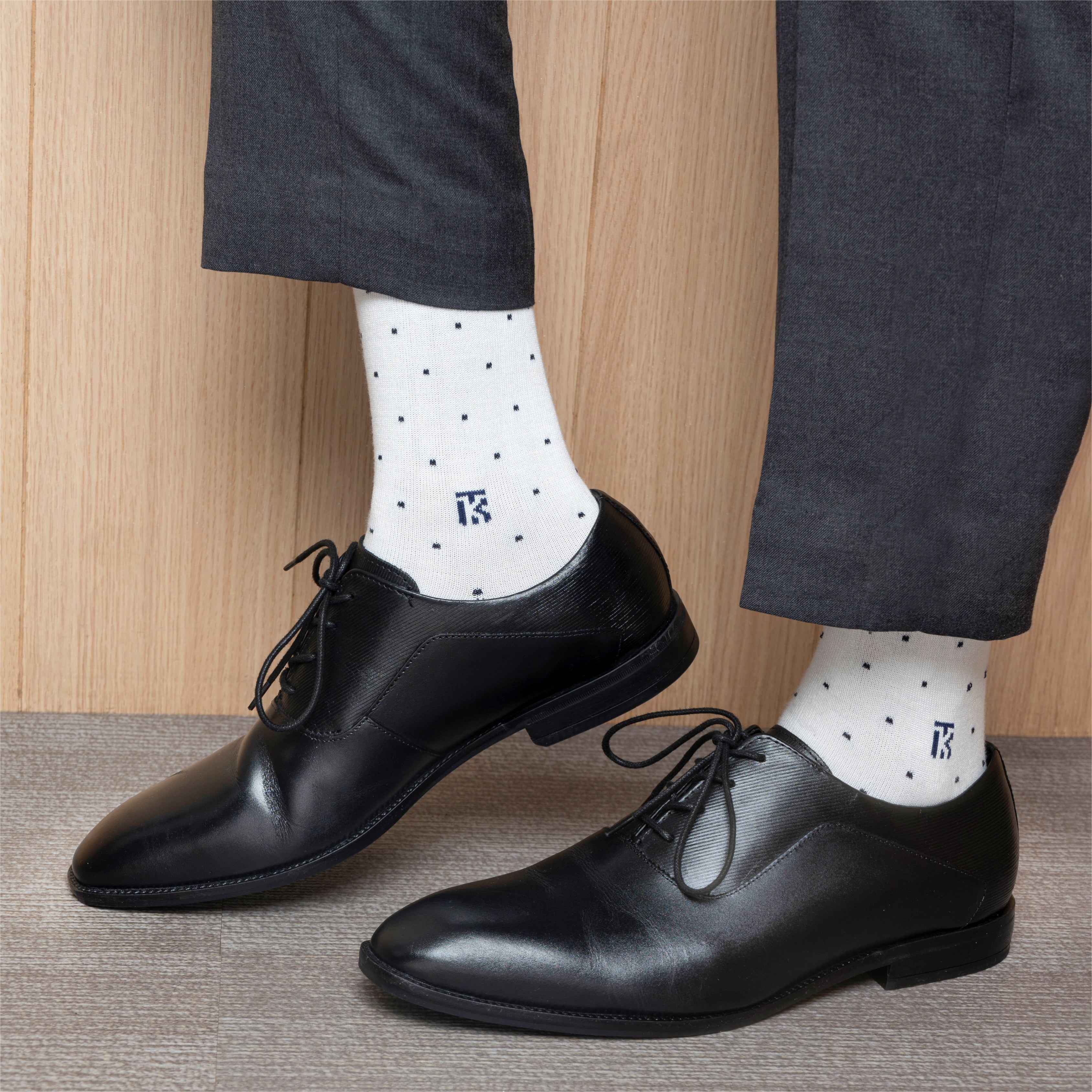 Bamboo Socks Pair| Kikitoes Crew Length Socks | White Colour with Navy Blue Dots Socks for Men | KIKI0029