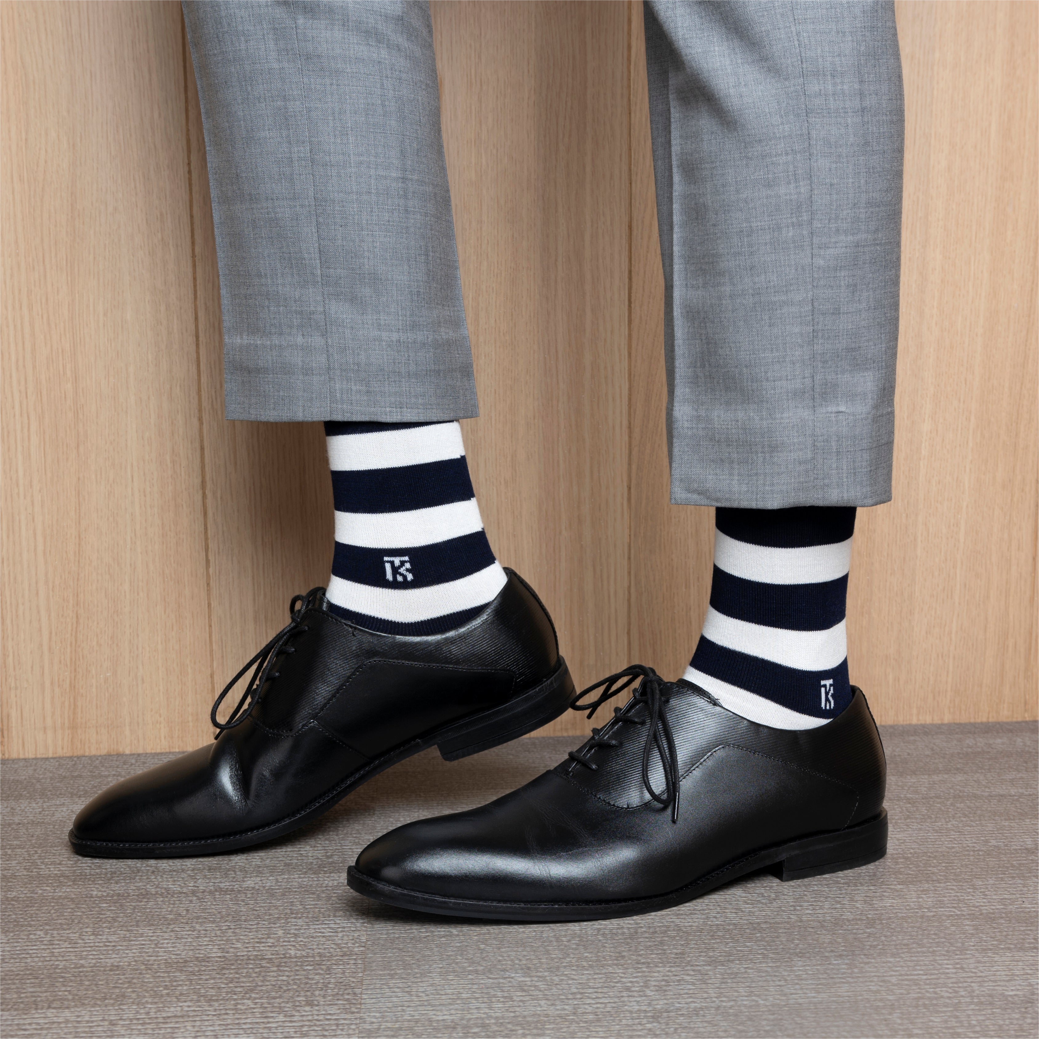 Bamboo Socks Pair  | Kikitoes Crew Length Socks | Navy Blue Colour with White Stripes  Socks for Men | KIKI003
