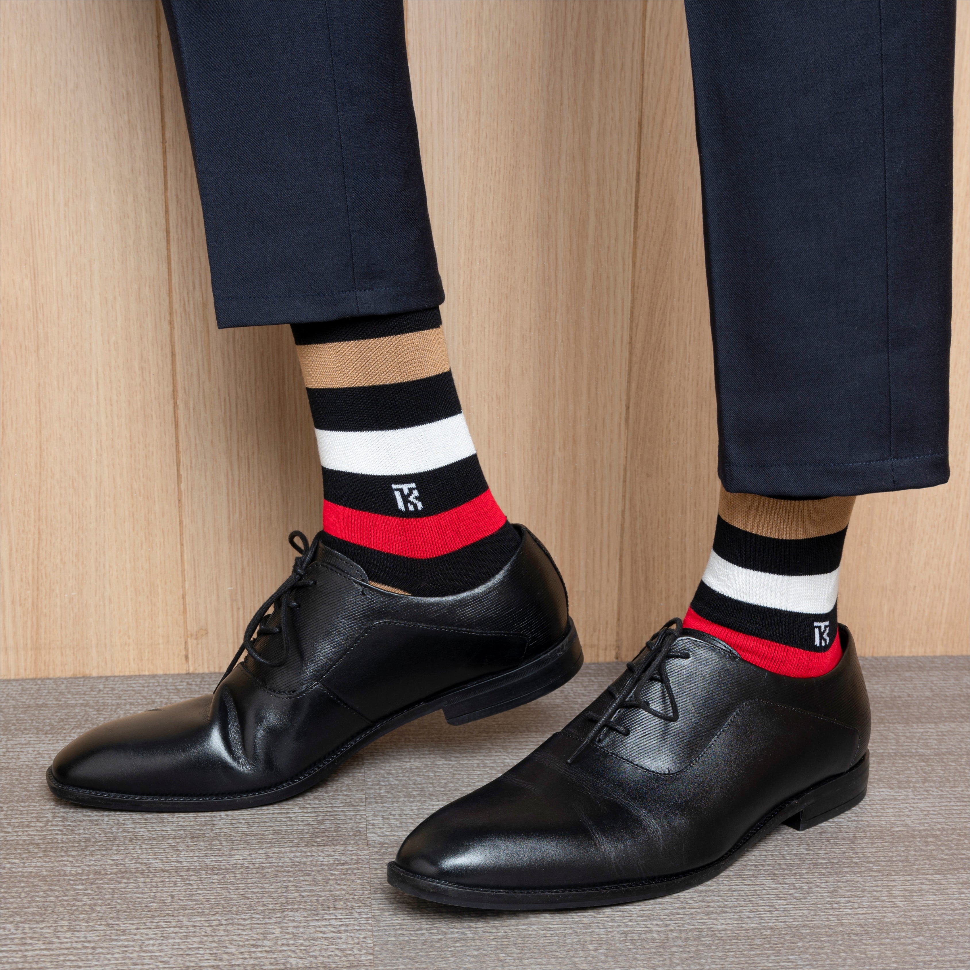 Bamboo Socks Pair  | Kikitoes Crew Length Socks | Black Colour with Red, Tan & White Stripes  Socks for Men | KIKI0016