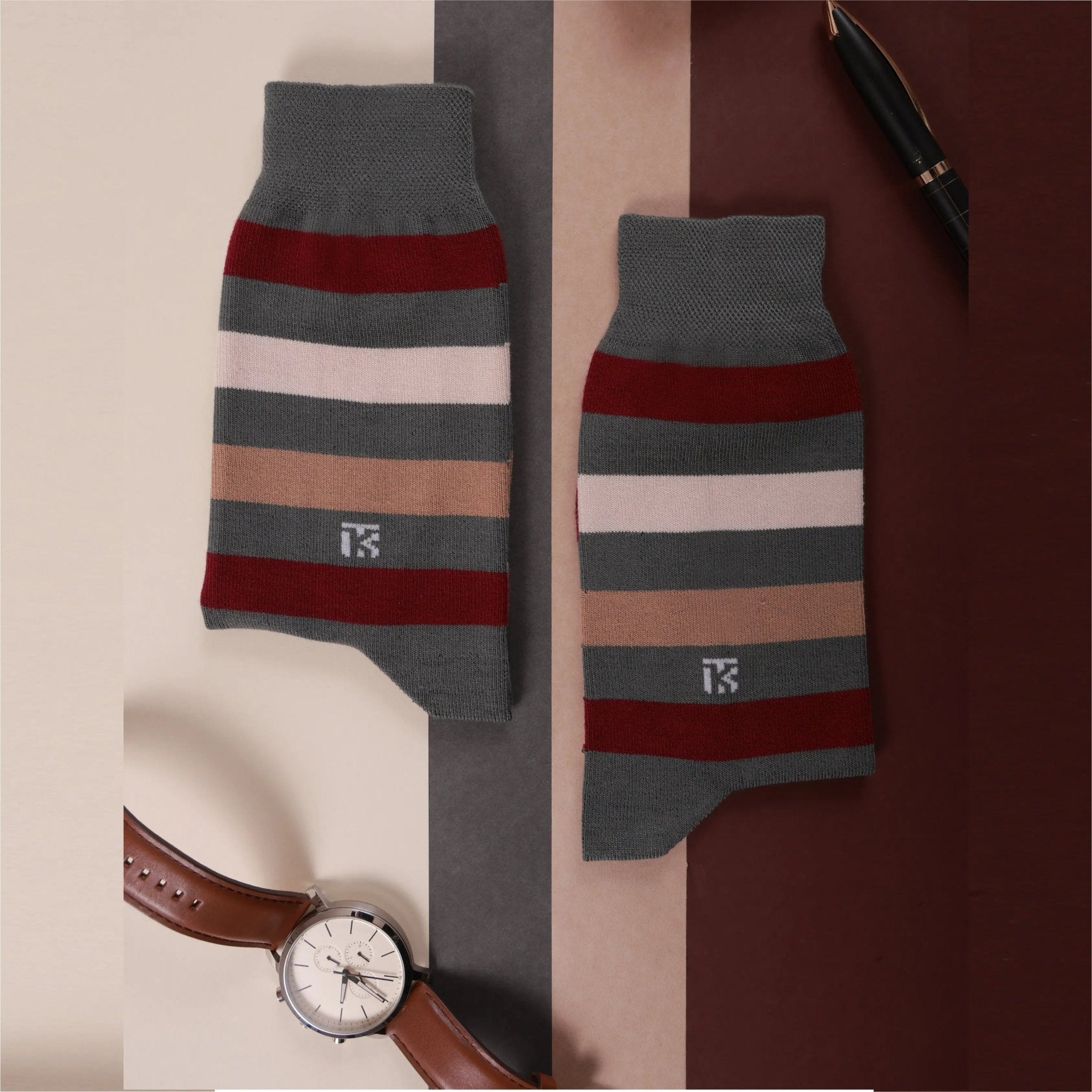 KIKITOES BAMBOO MEN CREW SOCKS | Urban Stripes | Steel Grey with MaroonKikitoes