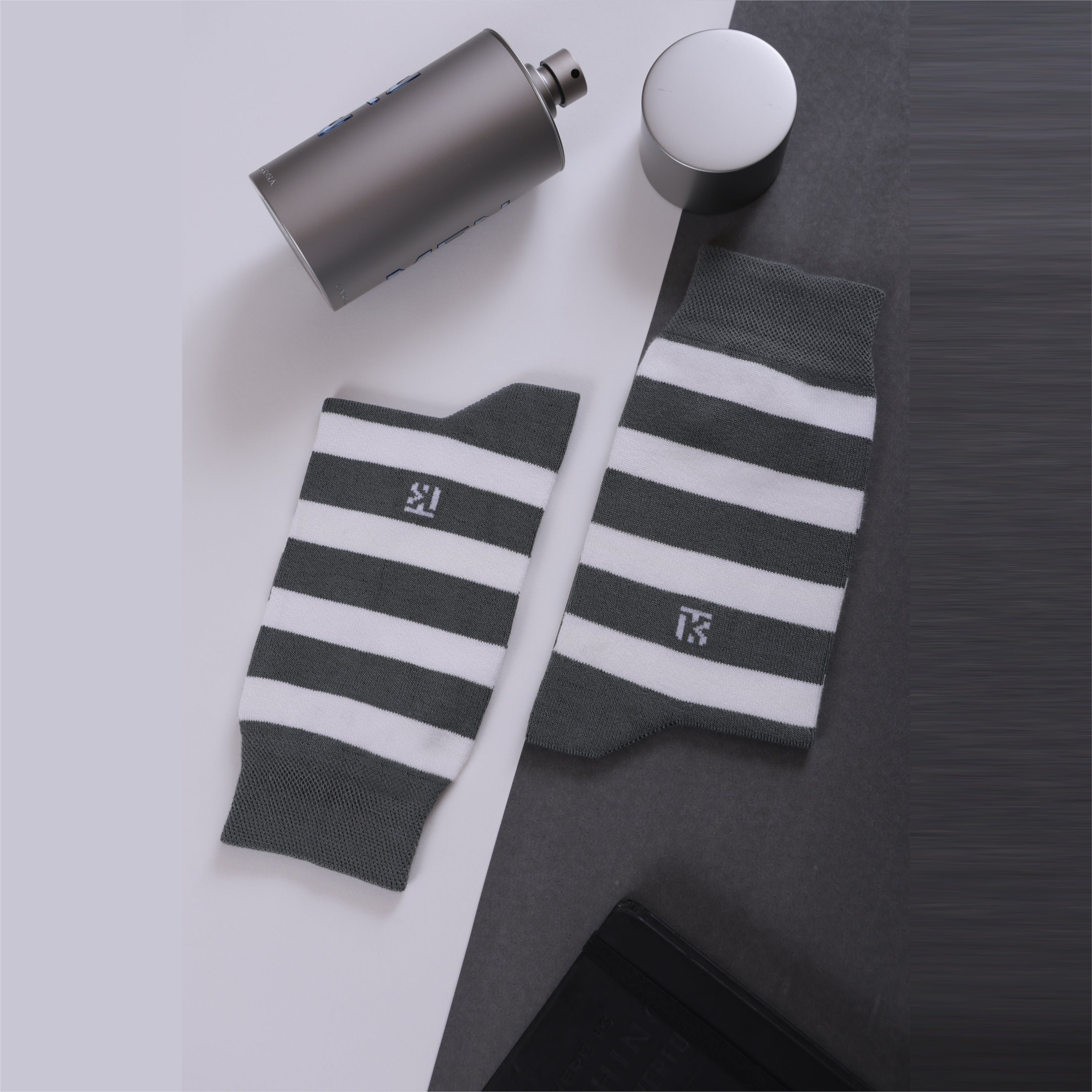 Bamboo Socks Pair| Kikitoes Crew Length Socks | Steel Grey Colour with White Stripes Socks for Men | KIKI002