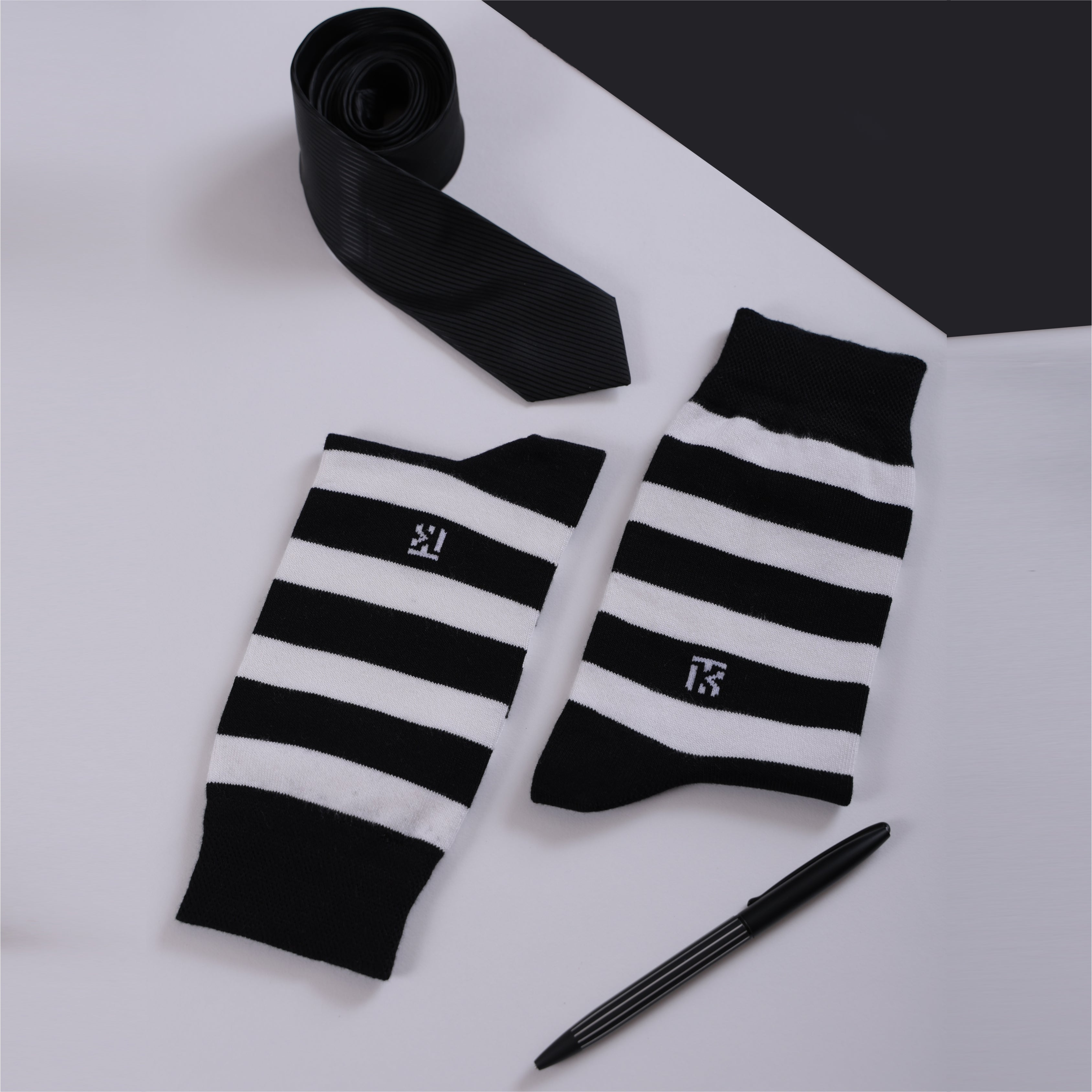 Bamboo Socks Pair | Kikitoes Crew Length Socks | Black Colour with White Stripes  Socks for Men | KIKI004