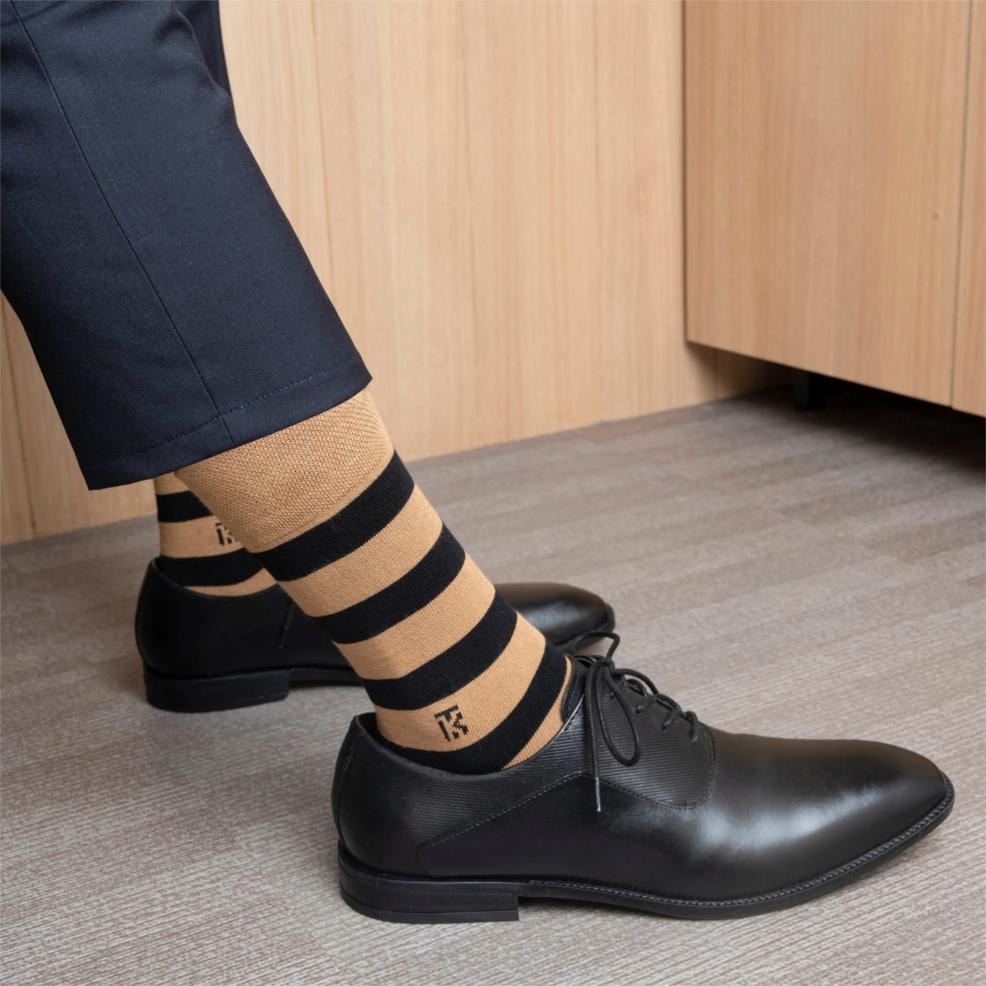 Striped Socks Tan | Soft Bamboo Crew with Classic Black Stripes Striped Socks Tan | Soft Bamboo Crew with Classic Black Stripes