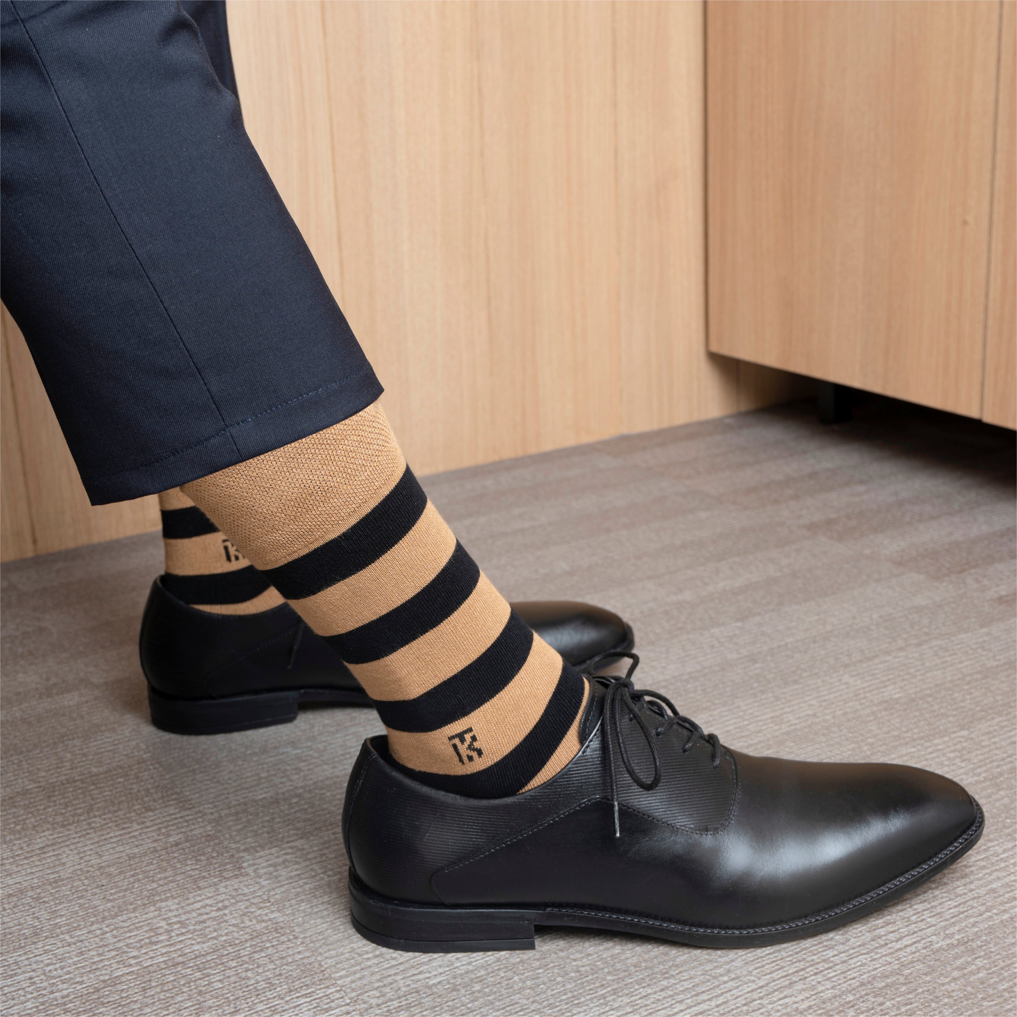 Bamboo Socks Pair |  Kikitoes Crew Length Socks | Tan Colour with Black Stripes Socks for Men | KIKI0018
