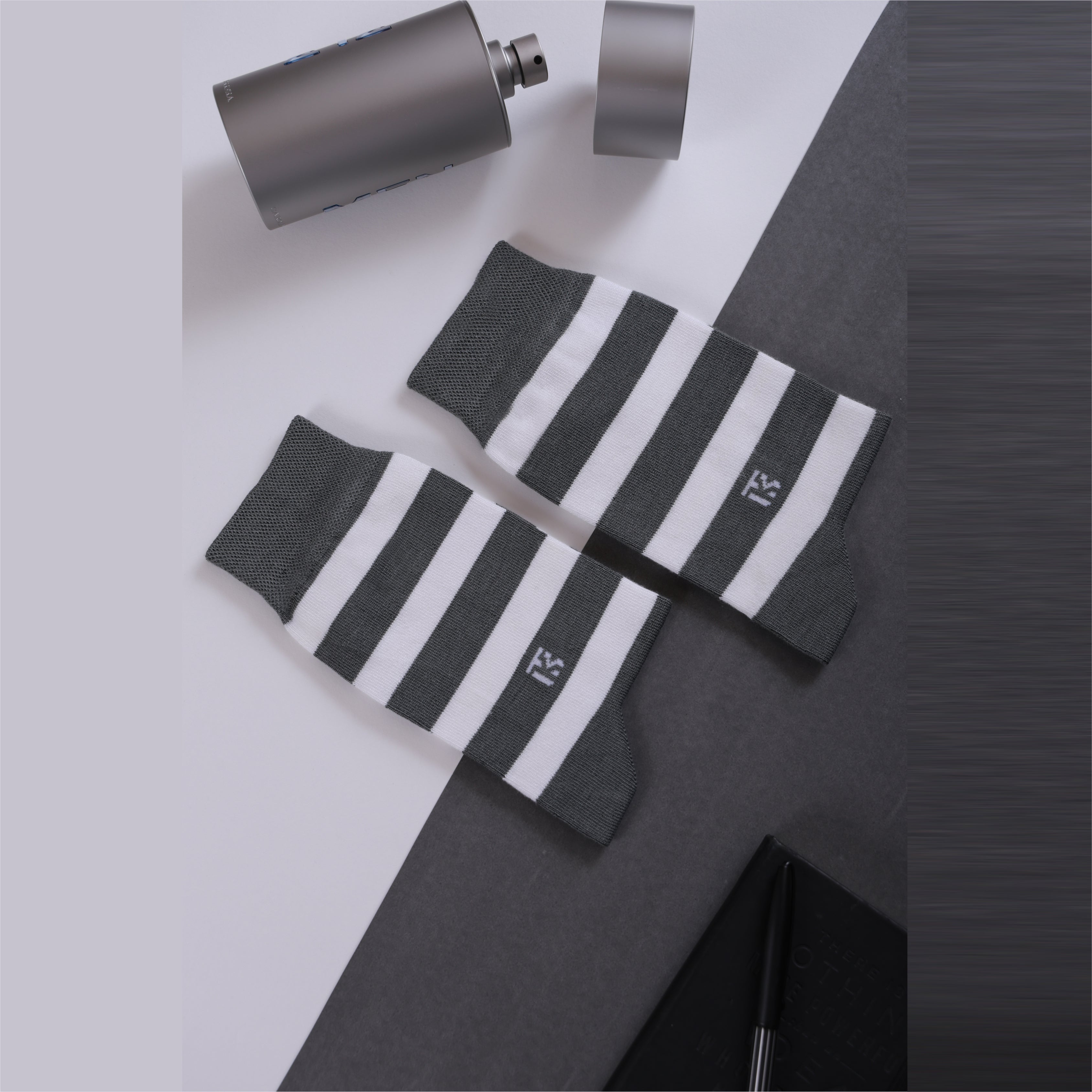 Bamboo Socks Pair| Kikitoes Crew Length Socks | Steel Grey Colour with White Stripes Socks for Men | KIKI002