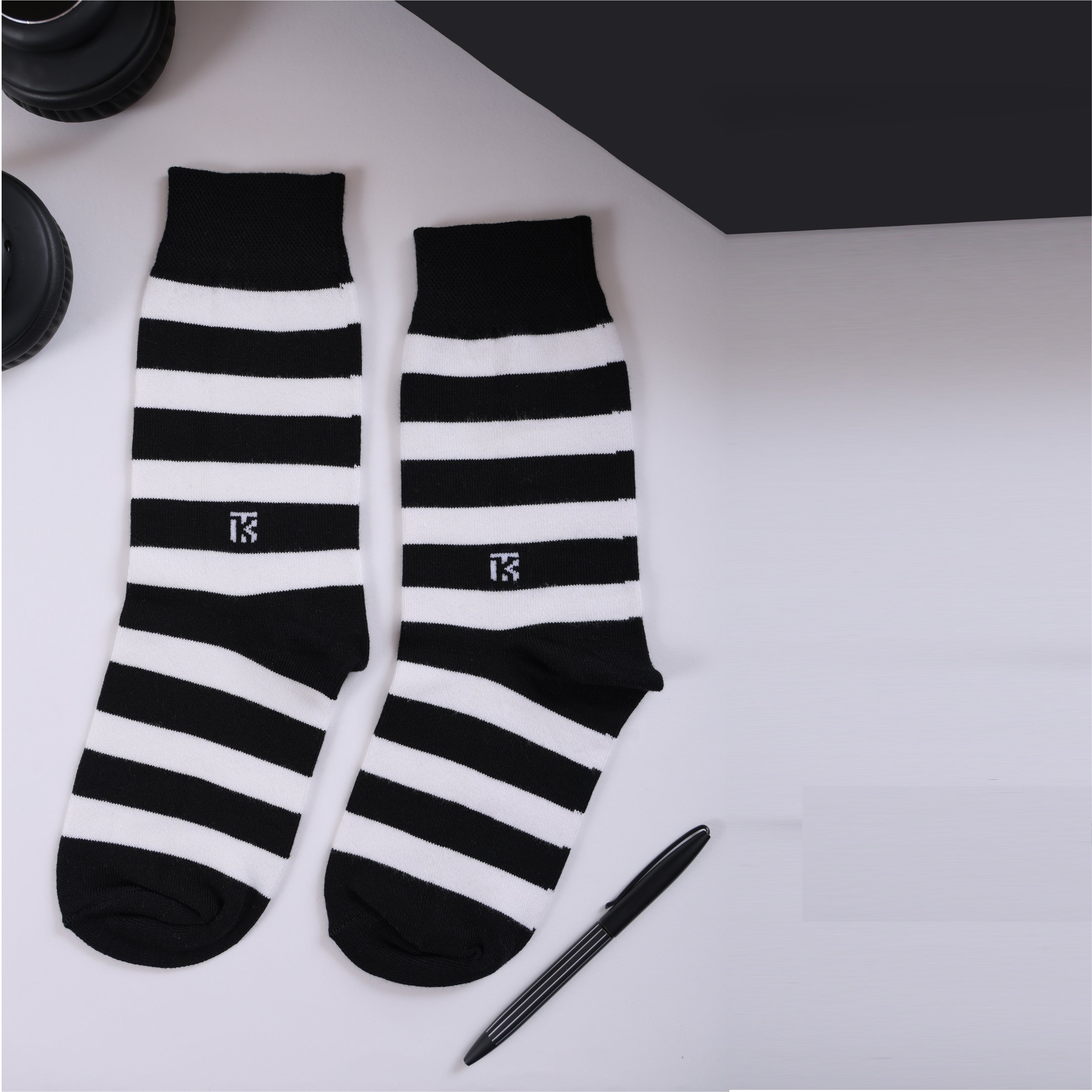Bamboo Socks Pair | Kikitoes Crew Length Socks | Black Colour with White Stripes  Socks for Men | KIKI004