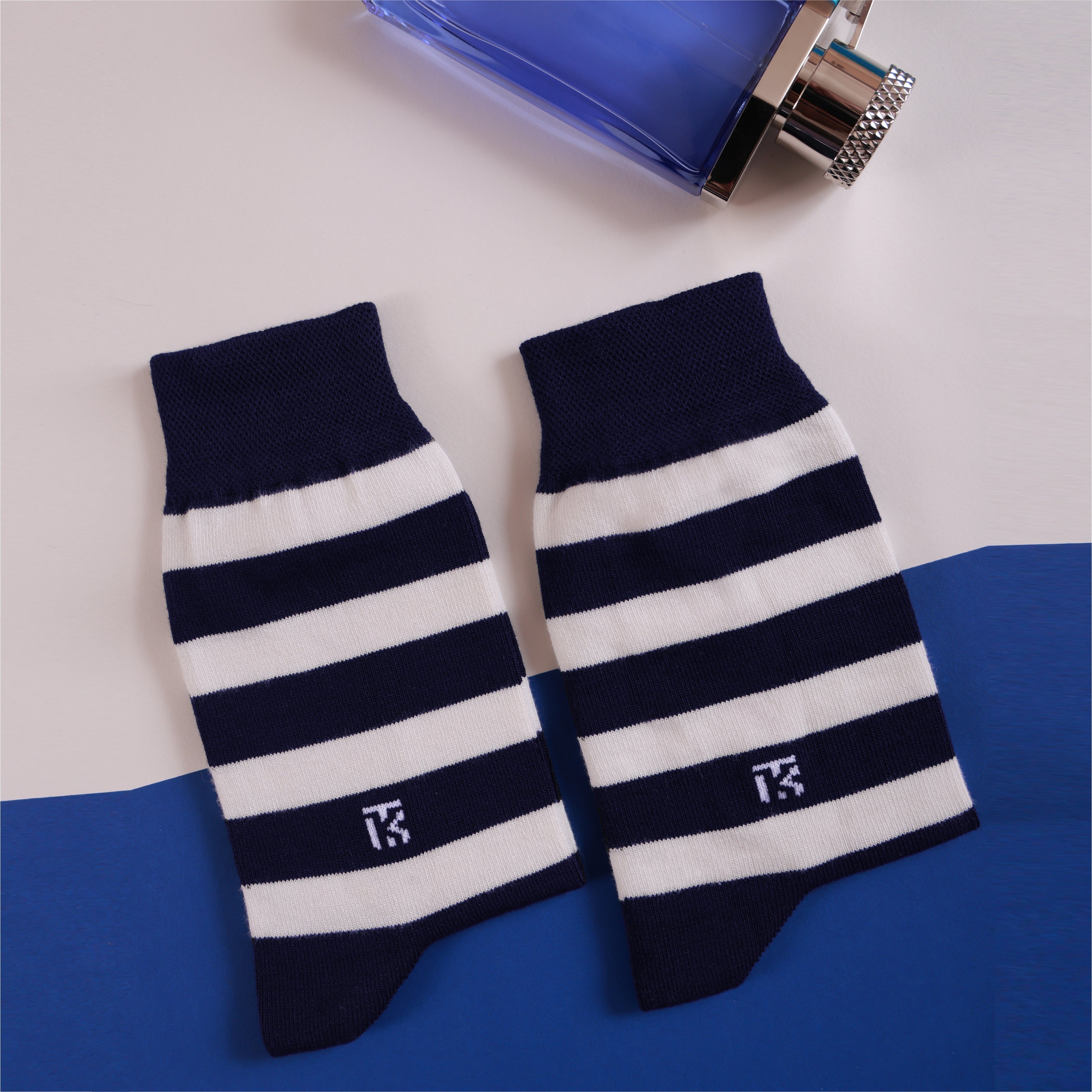 Bamboo Socks Pair  | Kikitoes Crew Length Socks | Navy Blue Colour with White Stripes  Socks for Men | KIKI003