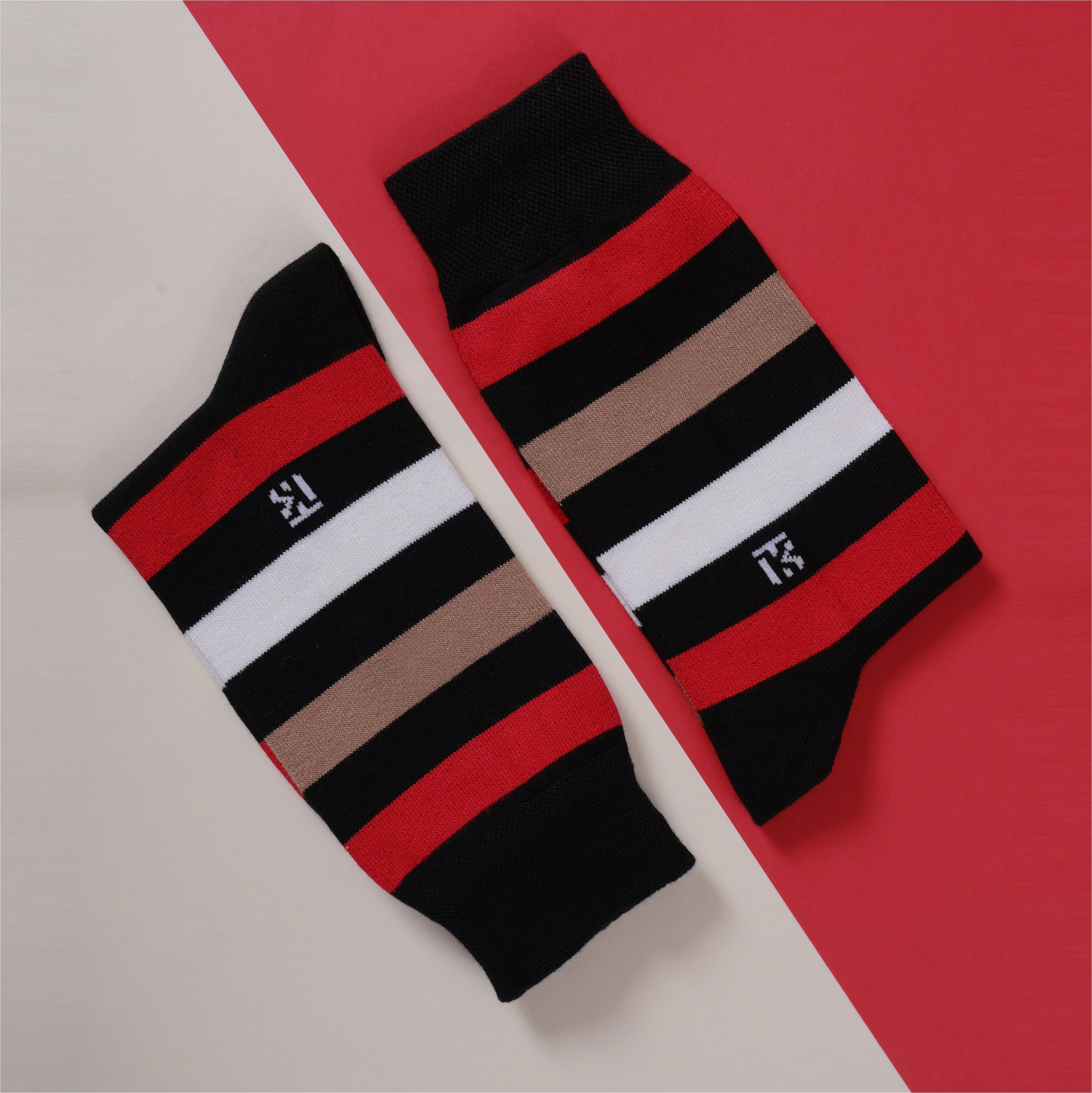 Bamboo Socks Pair  | Kikitoes Crew Length Socks | Black Colour with Red, Tan & White Stripes  Socks for Men | KIKI0016