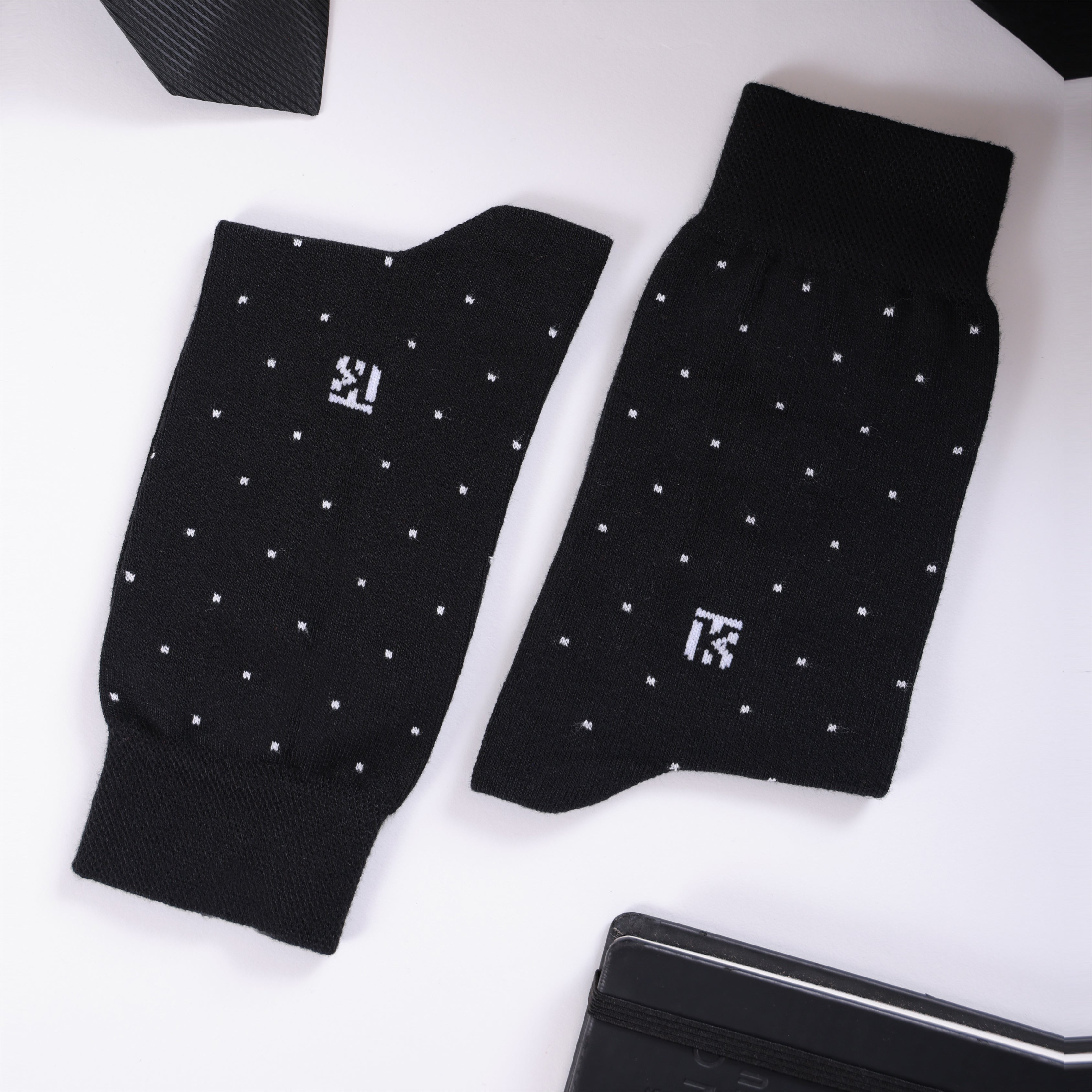 Bamboo Socks Pair | Kikitoes Crew Length Socks | Black Colour with White Dots  Socks for Men | KIKI0030