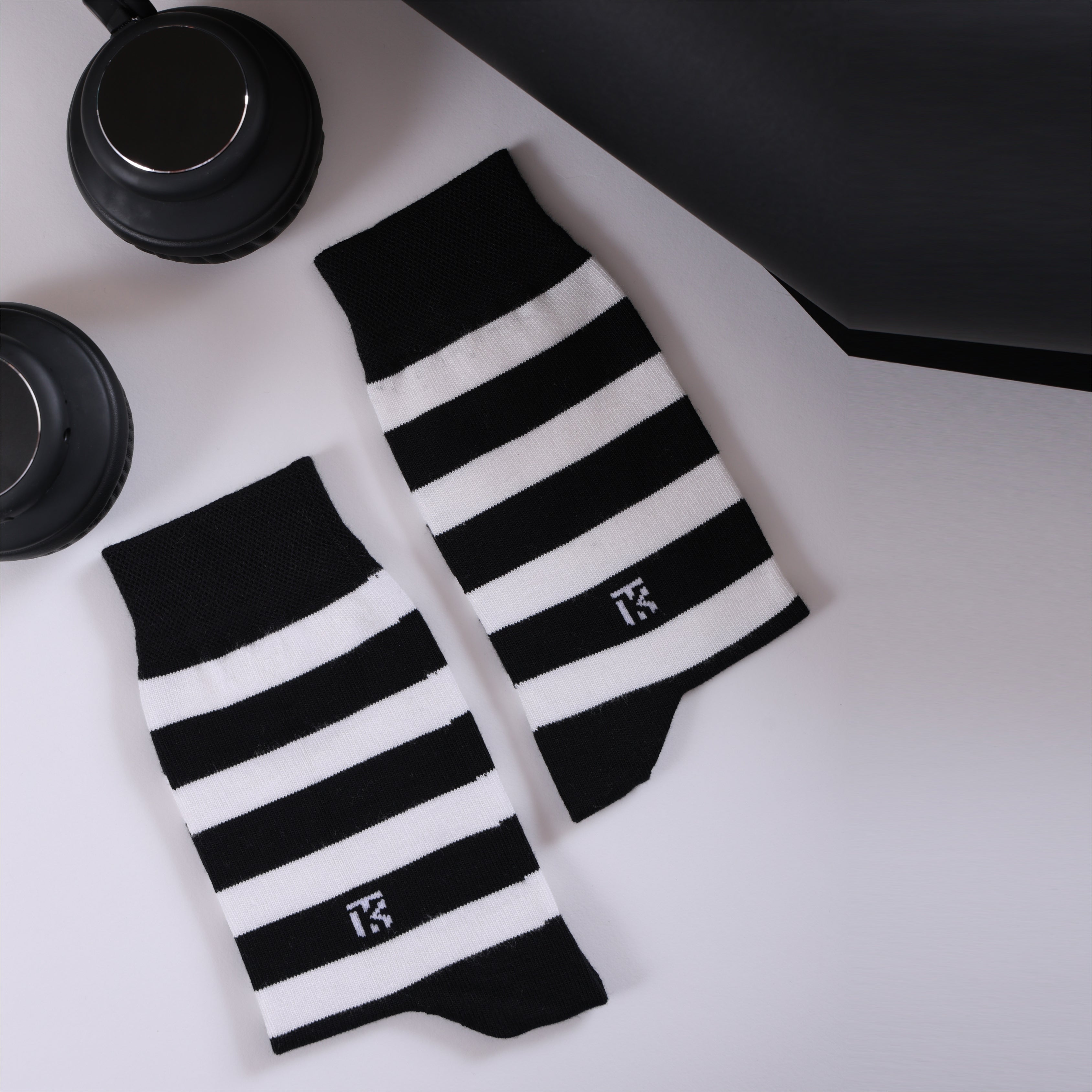 Bamboo Socks Pair | Kikitoes Crew Length Socks | Black Colour with White Stripes  Socks for Men | KIKI004