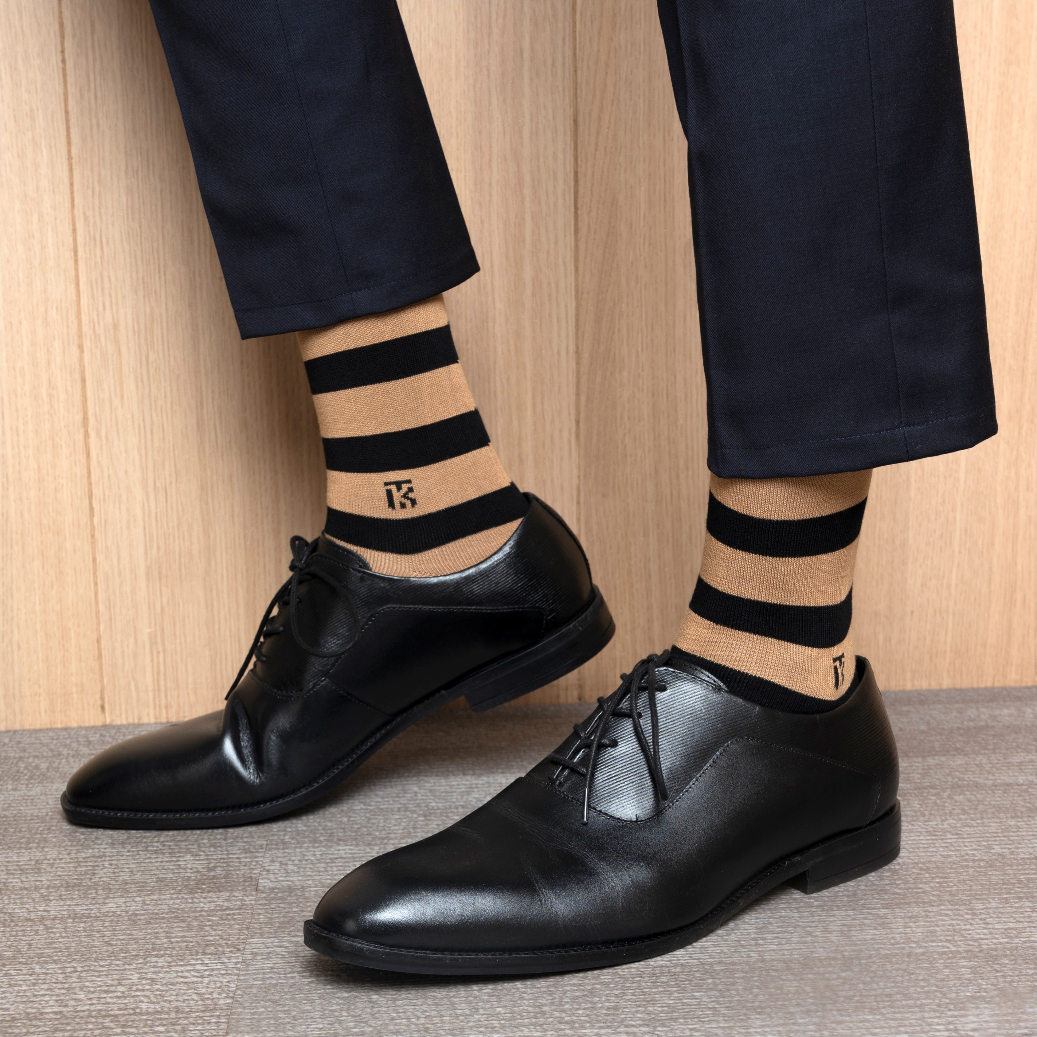 Bamboo Socks Pair |  Kikitoes Crew Length Socks | Tan Colour with Black Stripes Socks for Men | KIKI0018