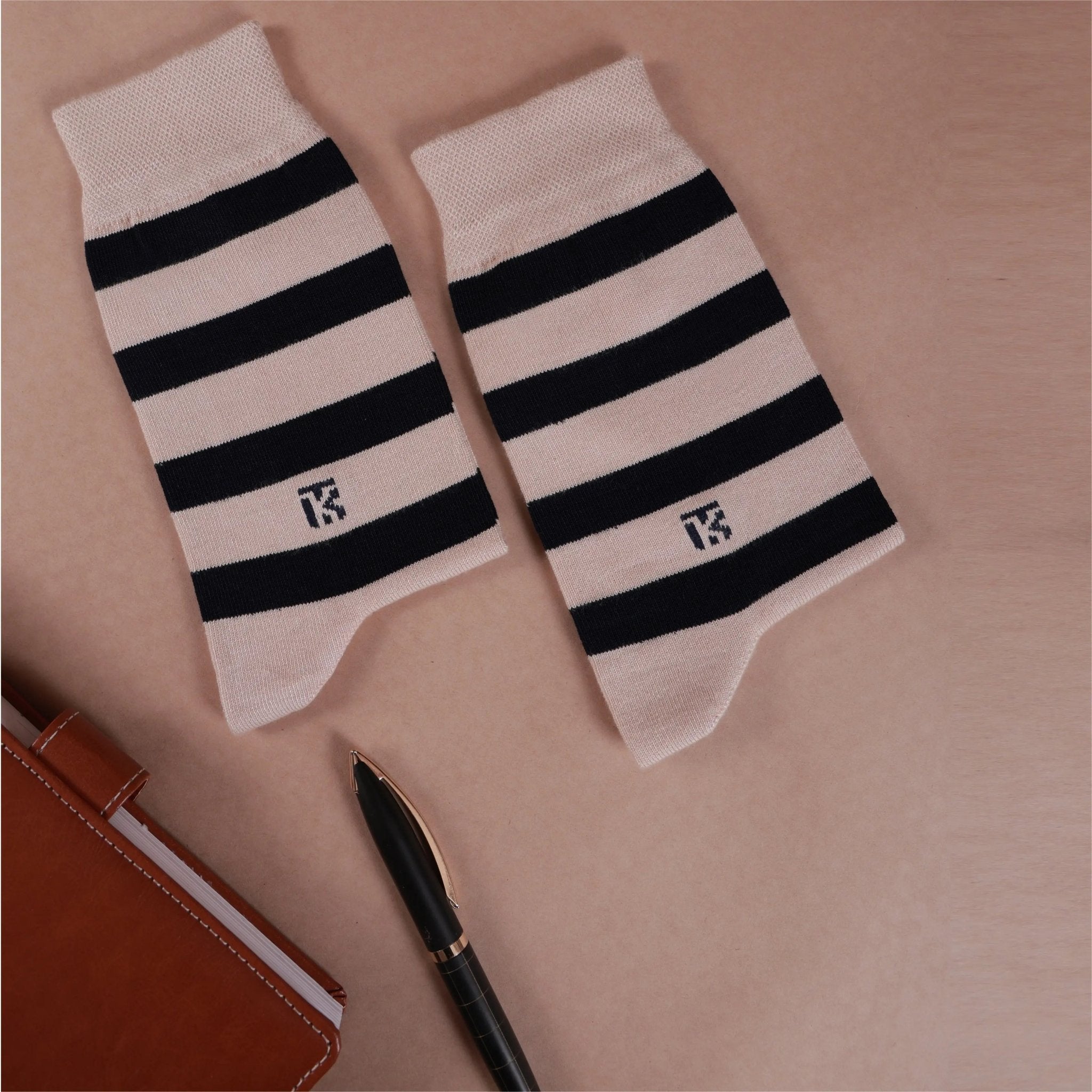 KIKITOES BAMBOO MEN CREW SOCKS | Classic Stripes | Beige with Navy BlueKikitoes