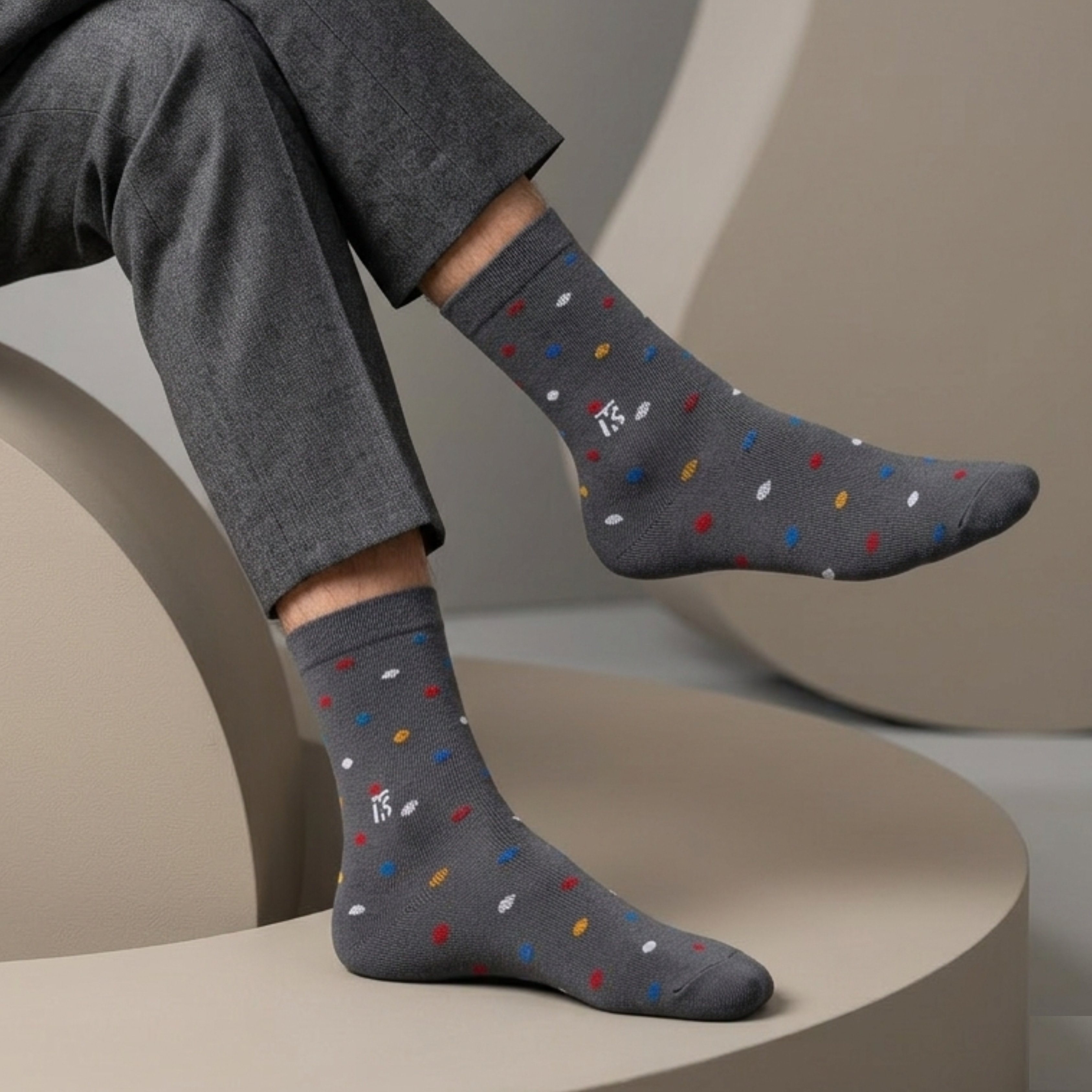 Model standing on a table wearing pop polka grey bamboo socks for men, crew socks with multi dot design, breathable fabric, and soft stretch fit for all-day comfort.
