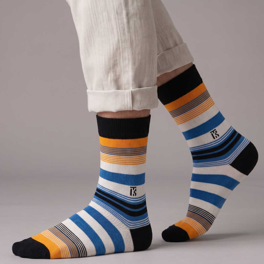 KIKITOES BAMBOO MEN CREW SOCKS | Fusion Stripe | Black with Orange, Royal Blue, and White