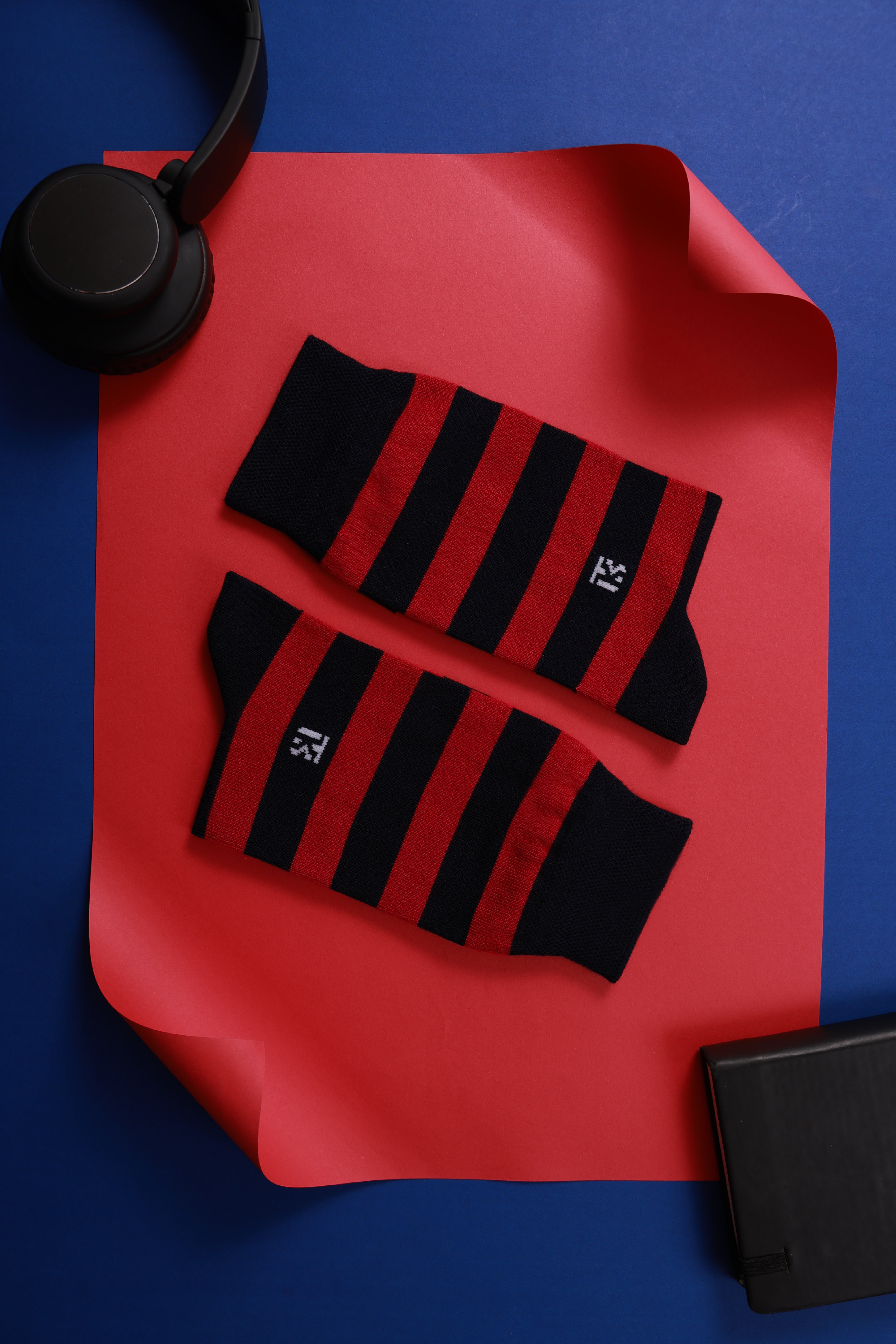 Bamboo Socks Pair | Kikitoes Crew Length Socks | Navy Blue Colour with Red Stripes Sports Socks for Men