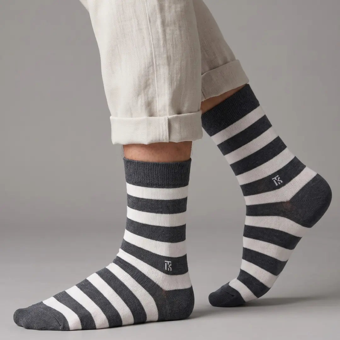 KIKITOES BAMBOO MEN CREW SOCKS | Classic Stripes | Steel Grey with White