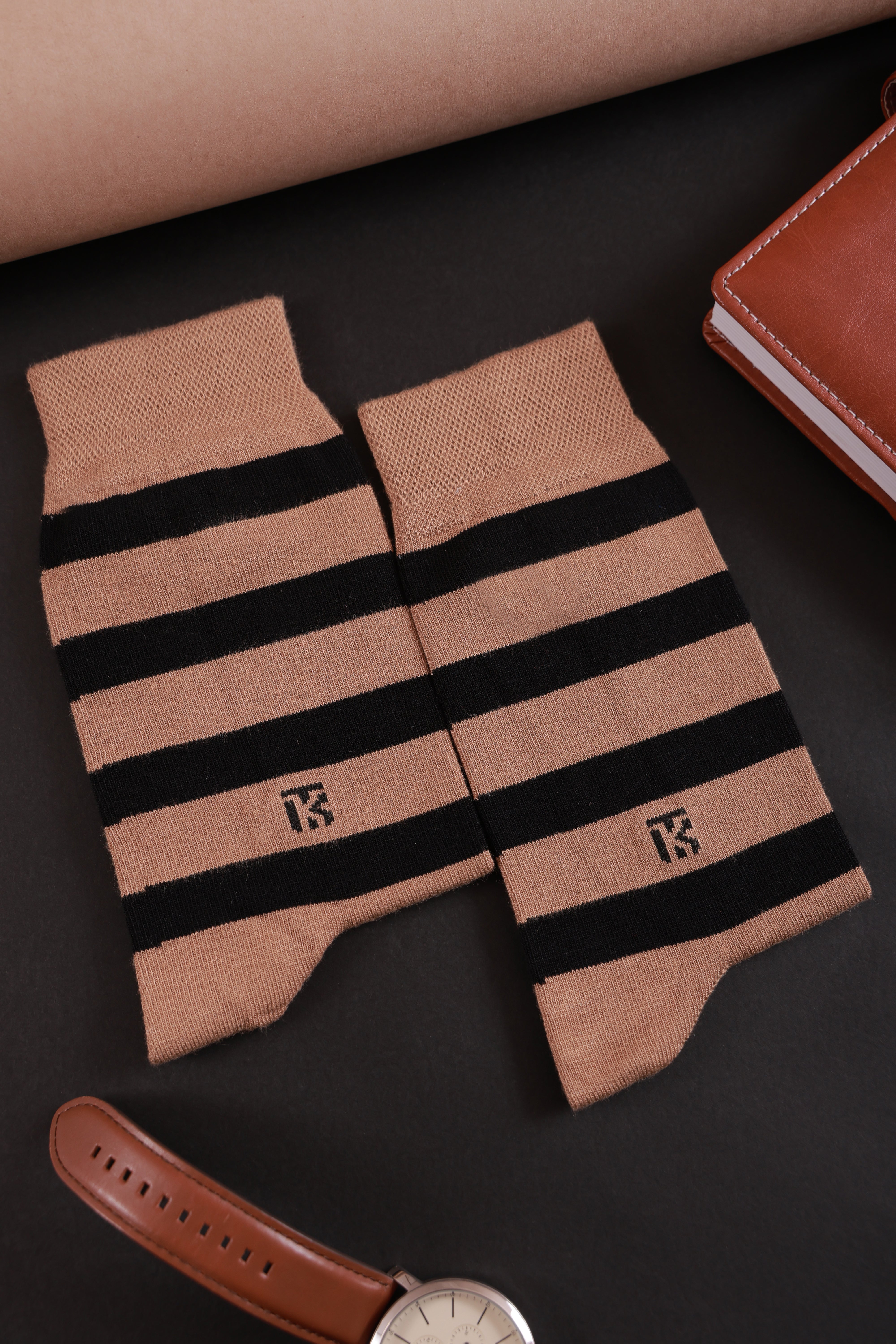 Bamboo Socks Pair |  Kikitoes Crew Length Socks | Tan Colour with Black Stripes Socks for Men | KIKI0018