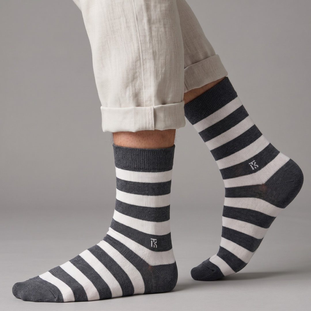 KIKITOES BAMBOO MEN CREW SOCKS | Classic Stripes | Steel Grey with White