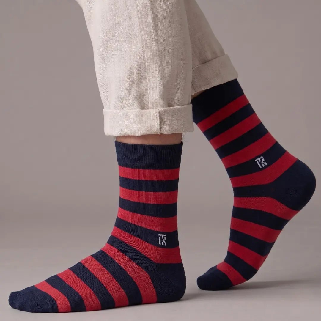 KIKITOES BAMBOO MEN CREW SOCKS | Classic Stripes | Navy Blue with Red StripesKikitoes