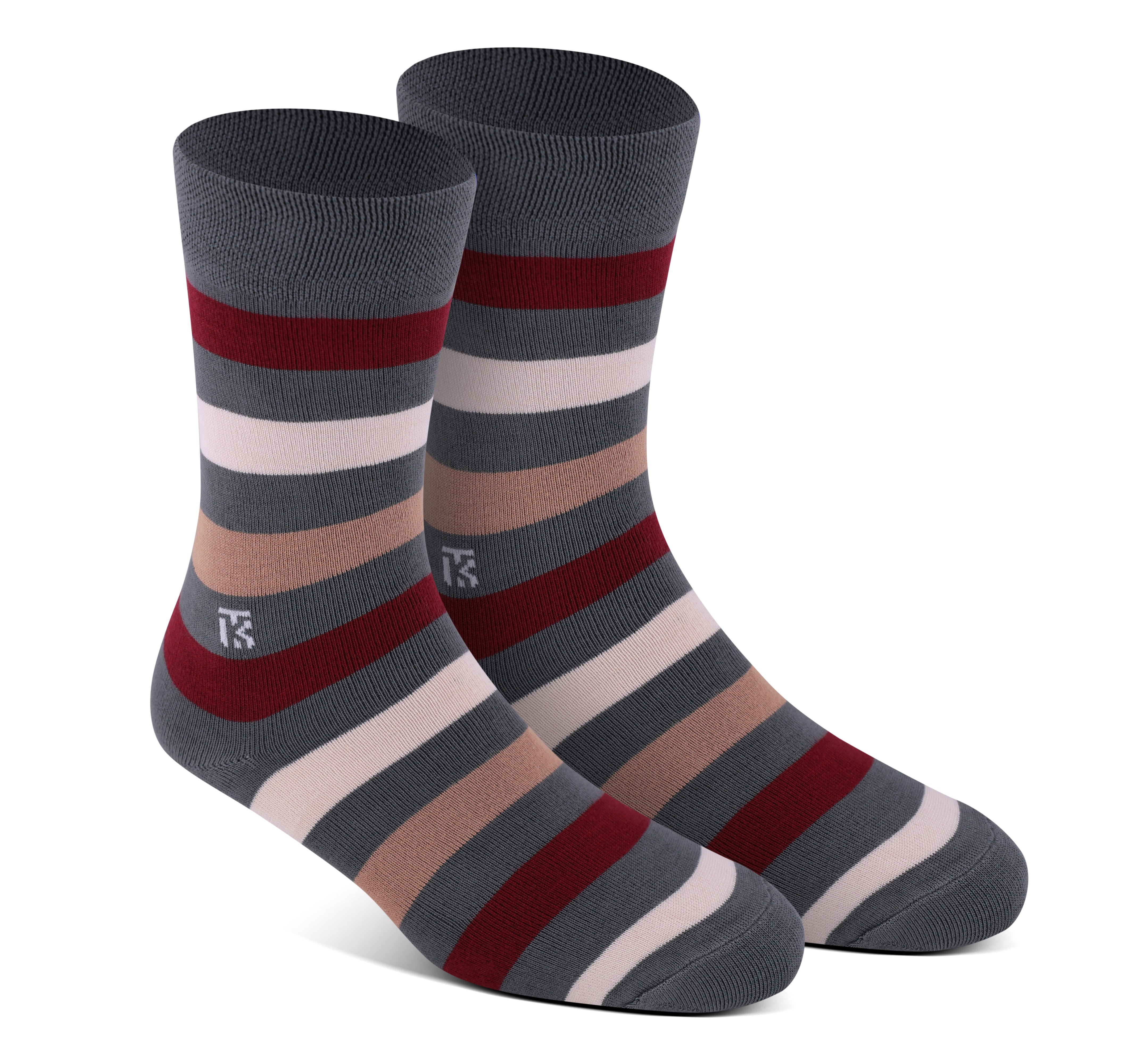 Bamboo Socks Pair | Kikitoes Crew Length Socks | Steel Grey Colour with Marron, Beige & Brown Stripes Sports Socks for Men