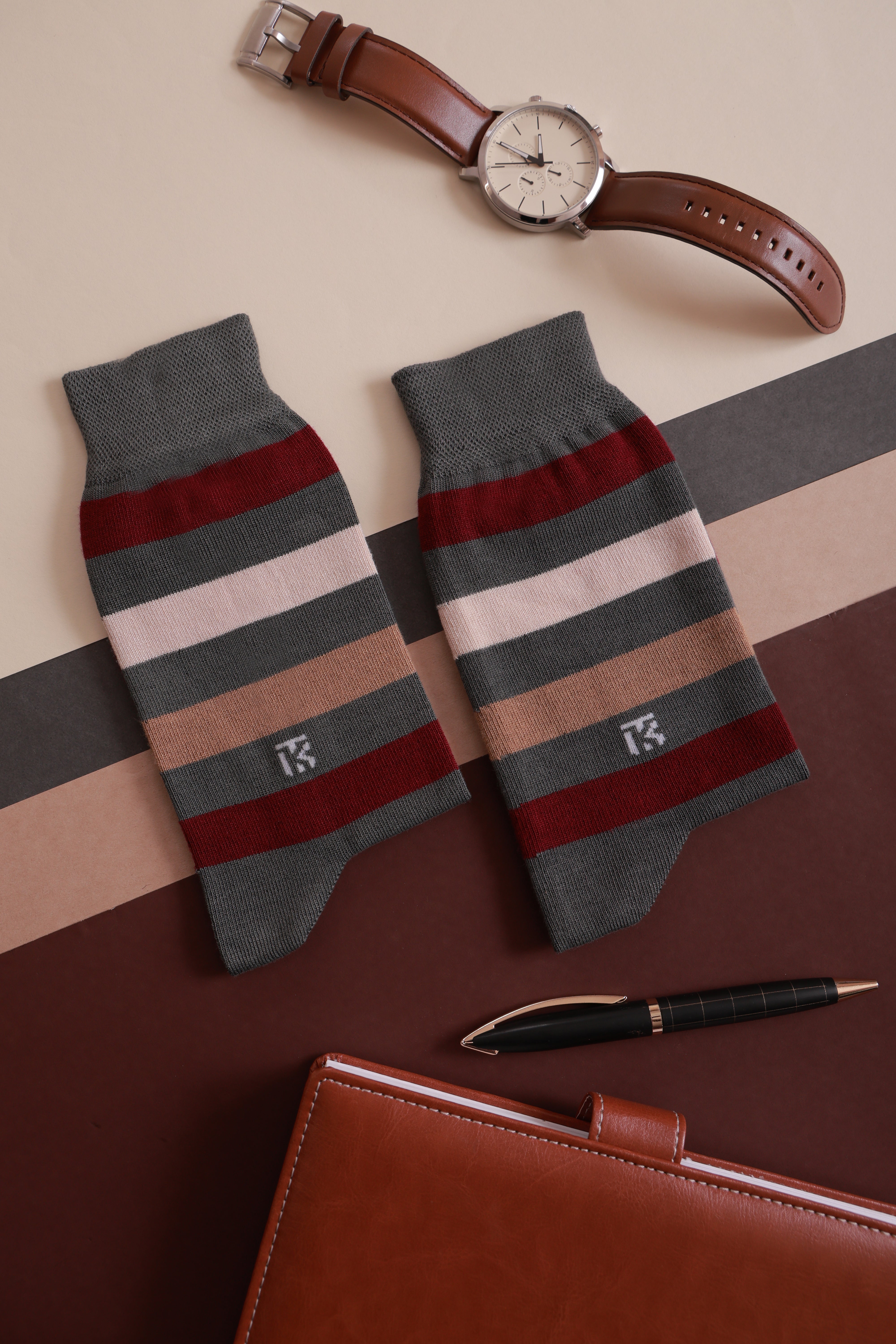 Bamboo Socks Pair  | Kikitoes Crew Length Socks | Steel Grey Colour with Marron, Beige & Brown Stripes  Socks for Men | KIKI0017