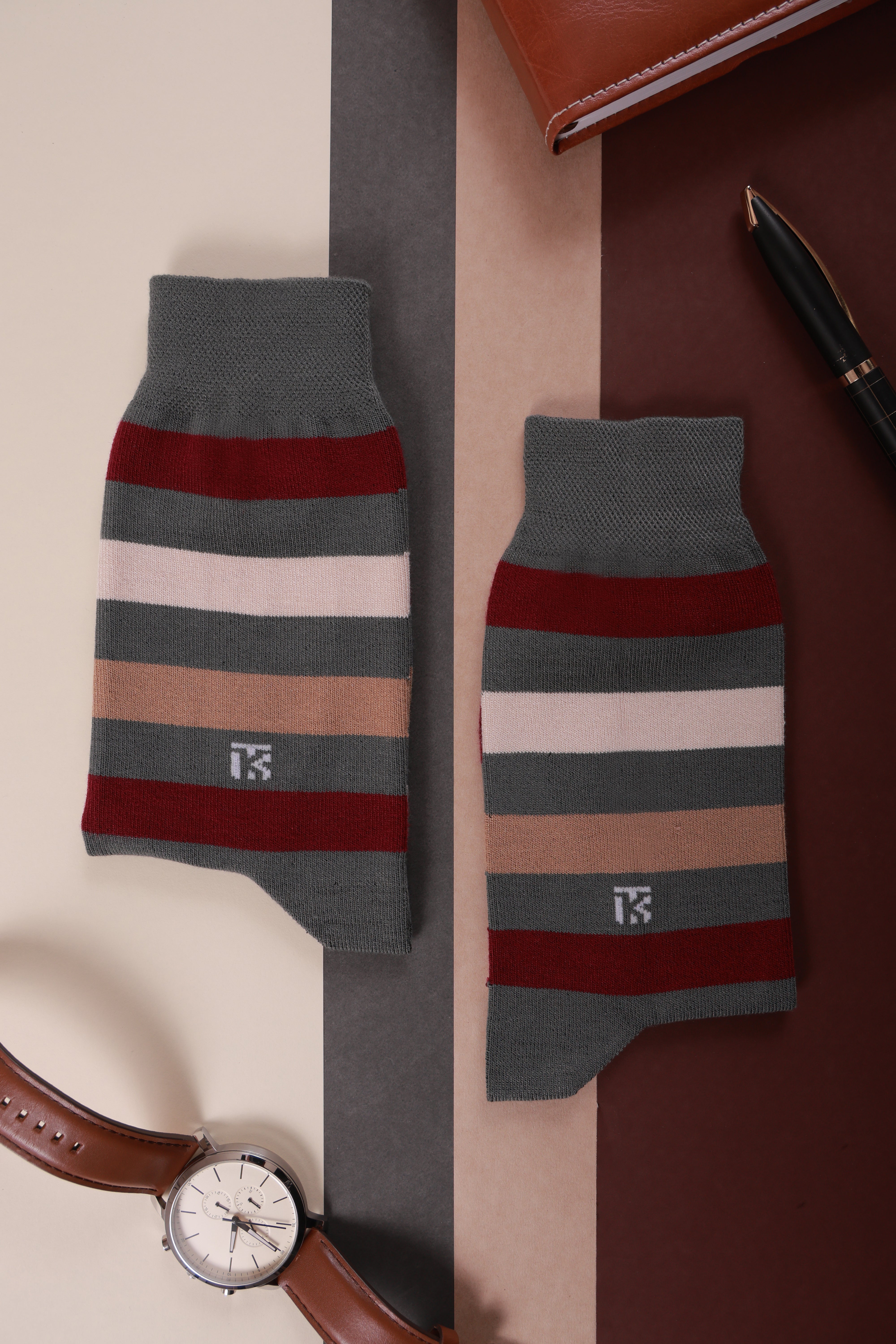 Bamboo Socks Pair  | Kikitoes Crew Length Socks | Steel Grey Colour with Marron, Beige & Brown Stripes  Socks for Men | KIKI0017
