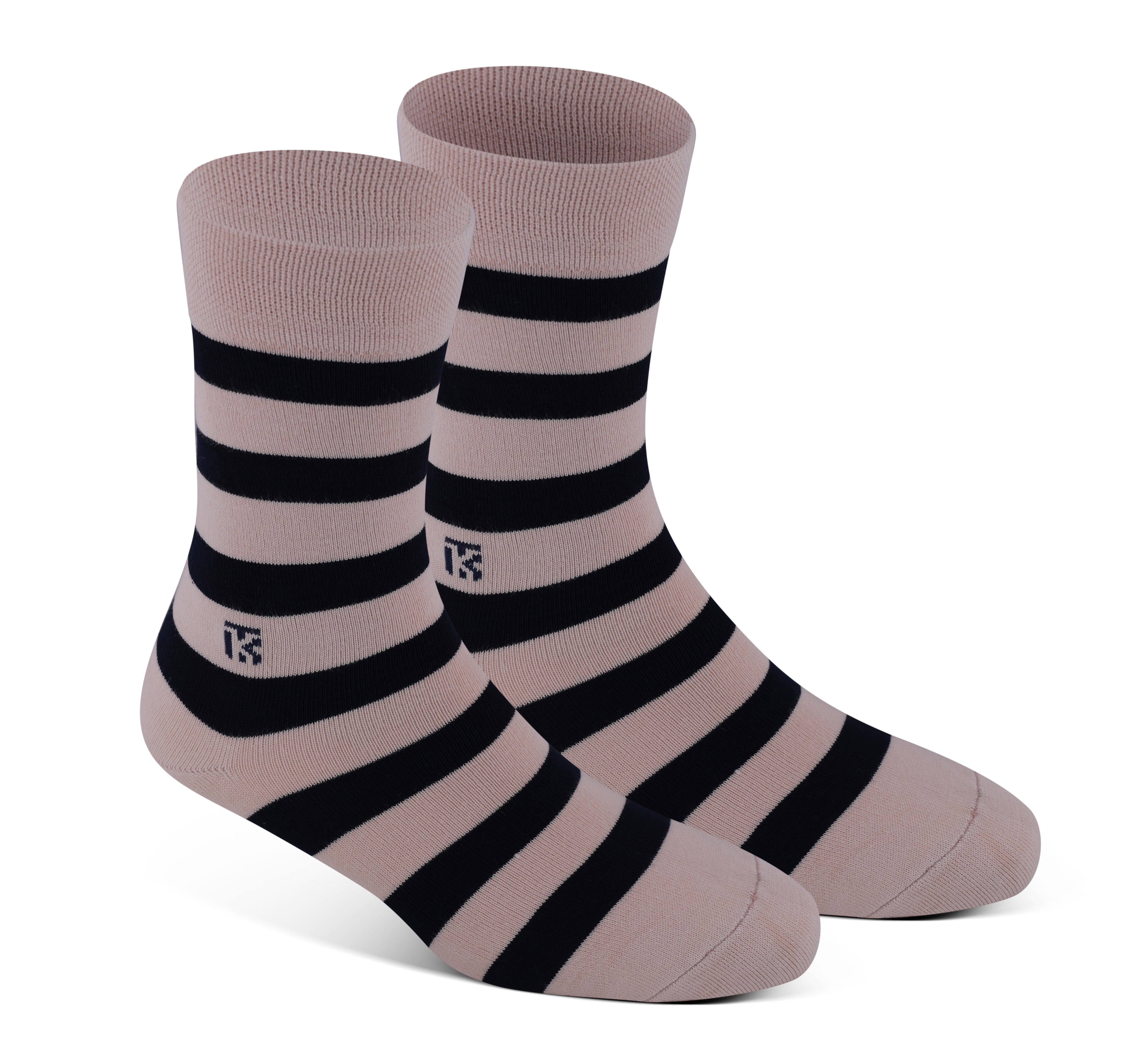 Bamboo Socks Pair | Kikitoes Crew Length Socks | Beige Colour with Navy Blue Stripes Sports Socks for Men