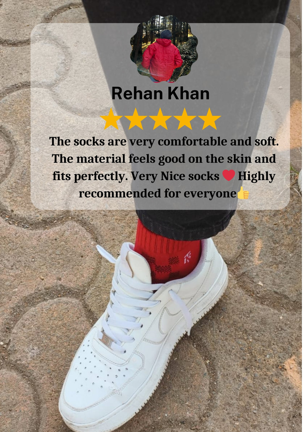 Close-up of red Kikitoes bamboo socks with sneakers, customer review praising comfort, perfect fit, and soft skin feel.