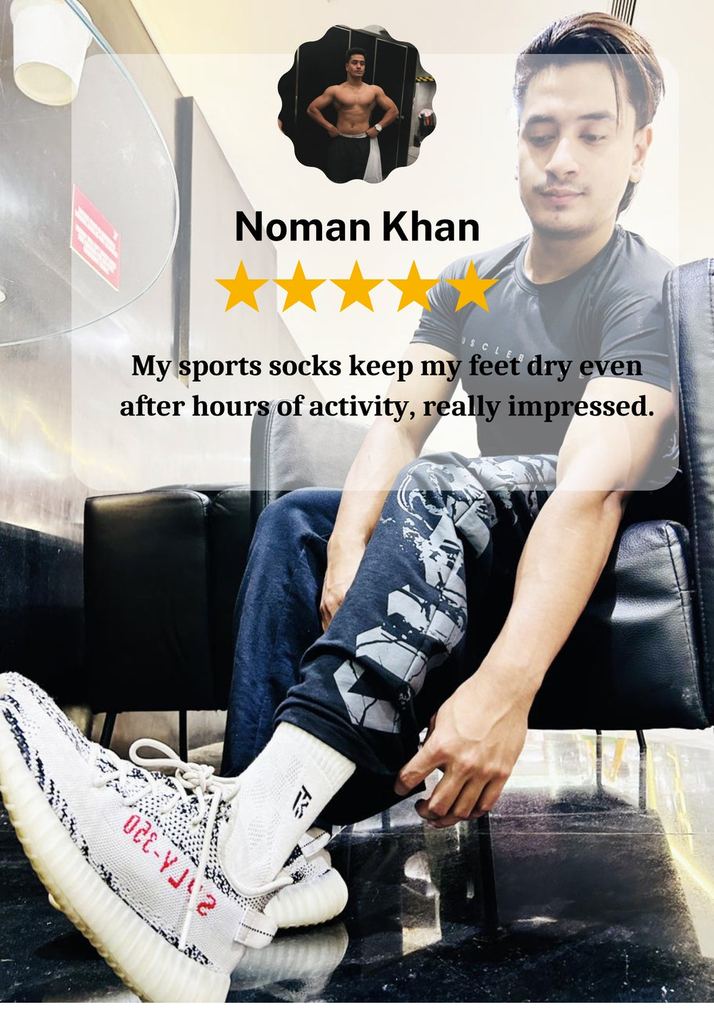 Man wearing white Kikitoes sports bamboo socks with sneakers, review mentioning sweat-free comfort during long hours of activity.